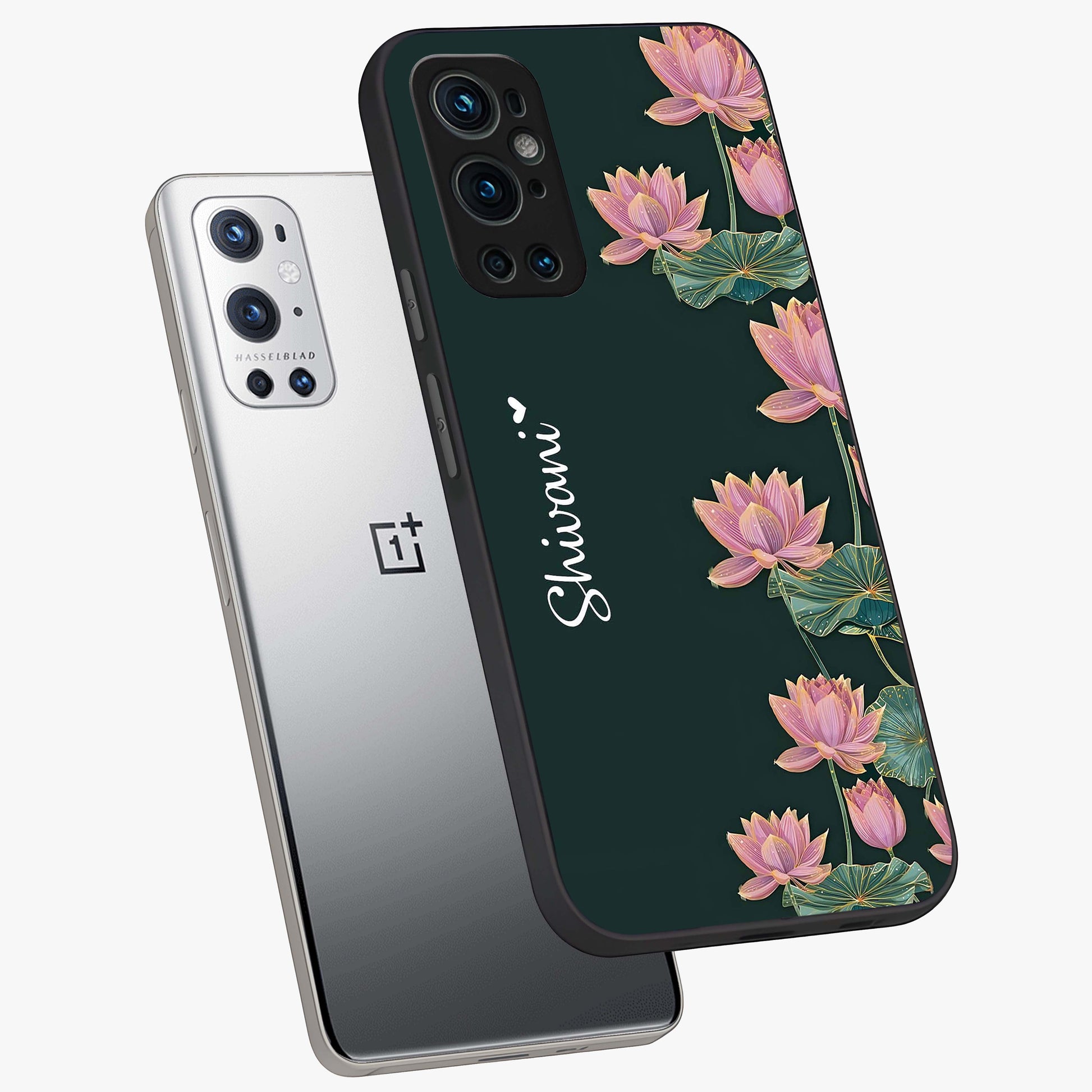 Lotus Bloom Serenity Custom Name Glass Case displayed in angled mockup highlighting graceful lotus illustration with custom name feature.