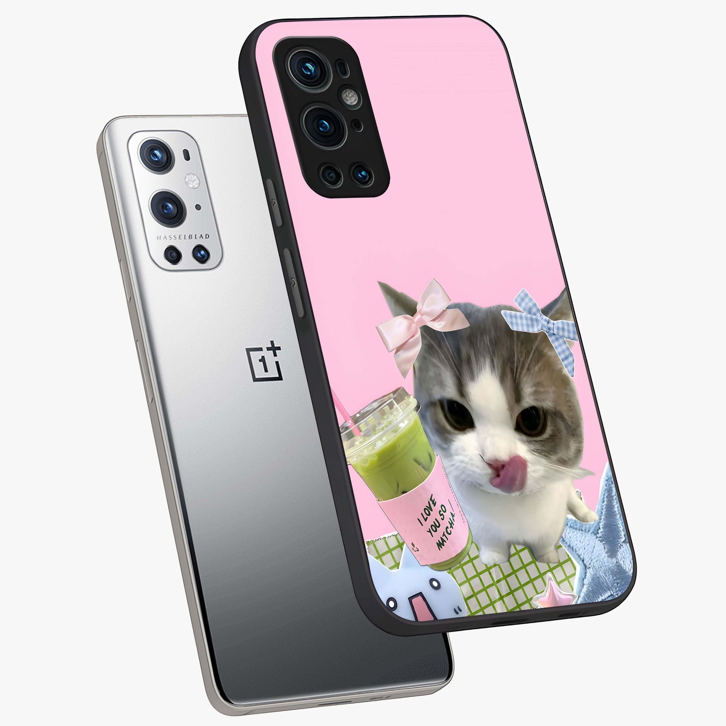 Love Matcha Cat Glass Case displayed in angled mockup highlighting playful feline illustration with cozy matcha aesthetic.