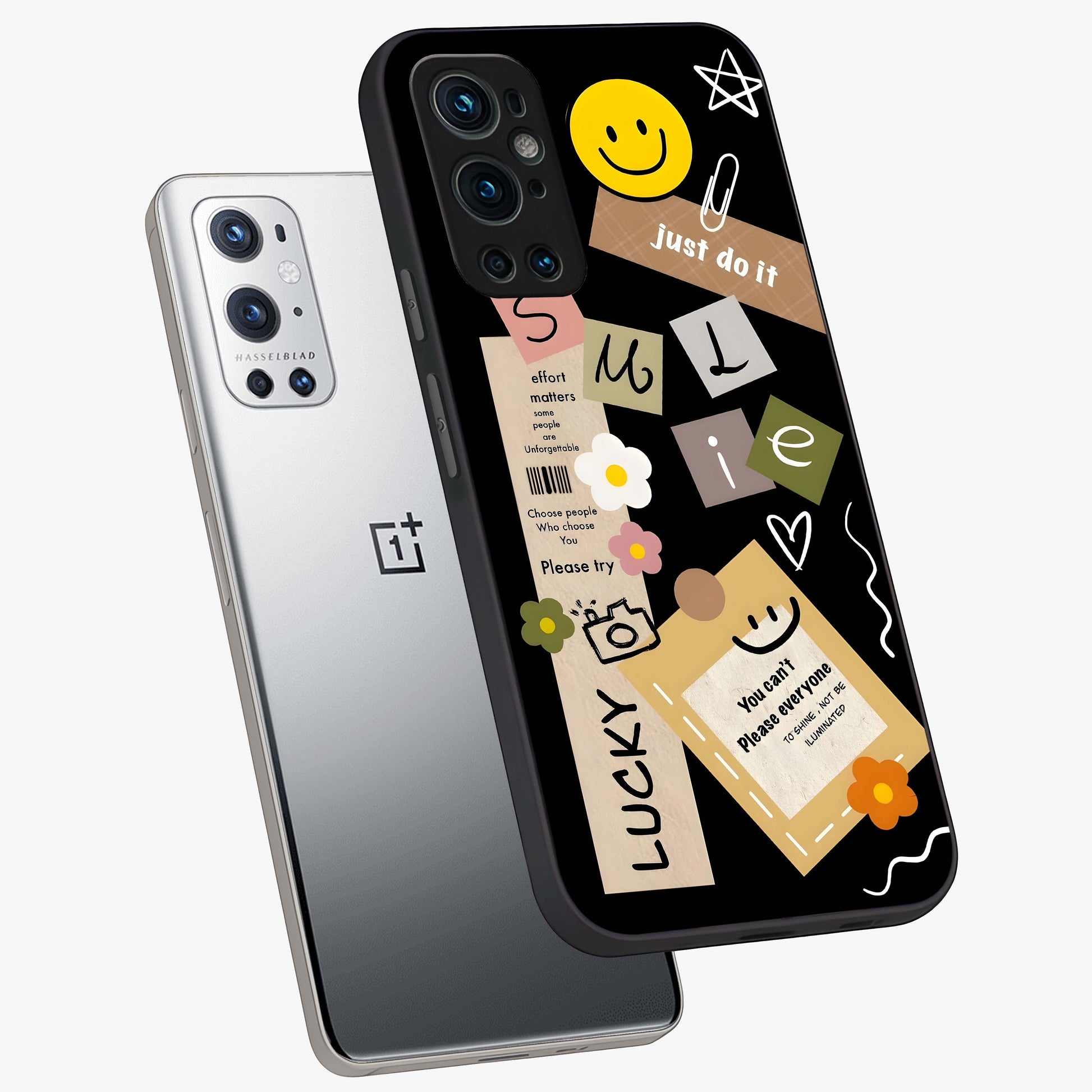 Lucky Aesthetic Collage Glass Case displayed in angled mockup highlighting stylish collage pattern with modern aesthetic vibe.