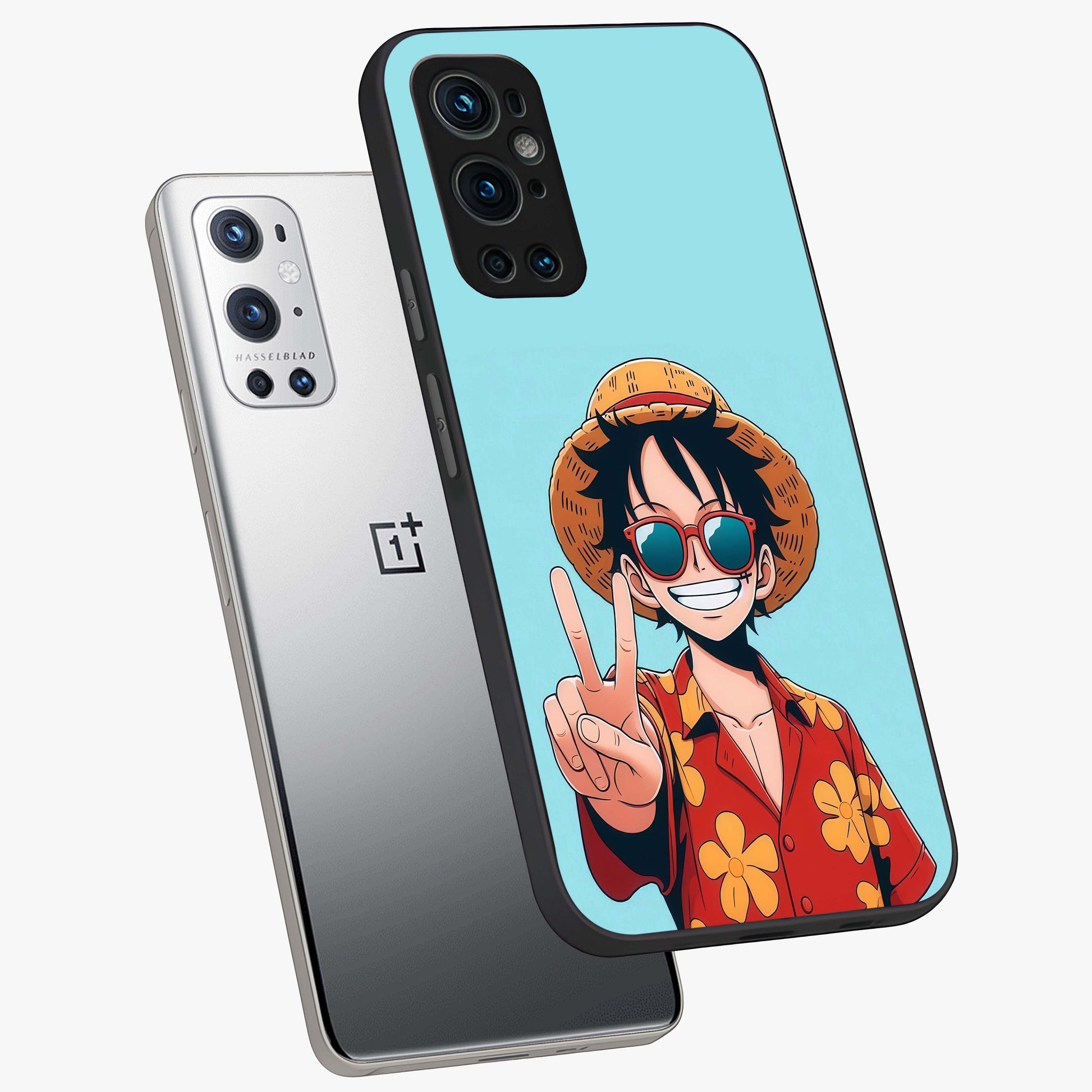 Luffy Summer Anime Vibe Glass Case displayed in angled mockup highlighting energetic anime illustration with summer vibe aesthetic.