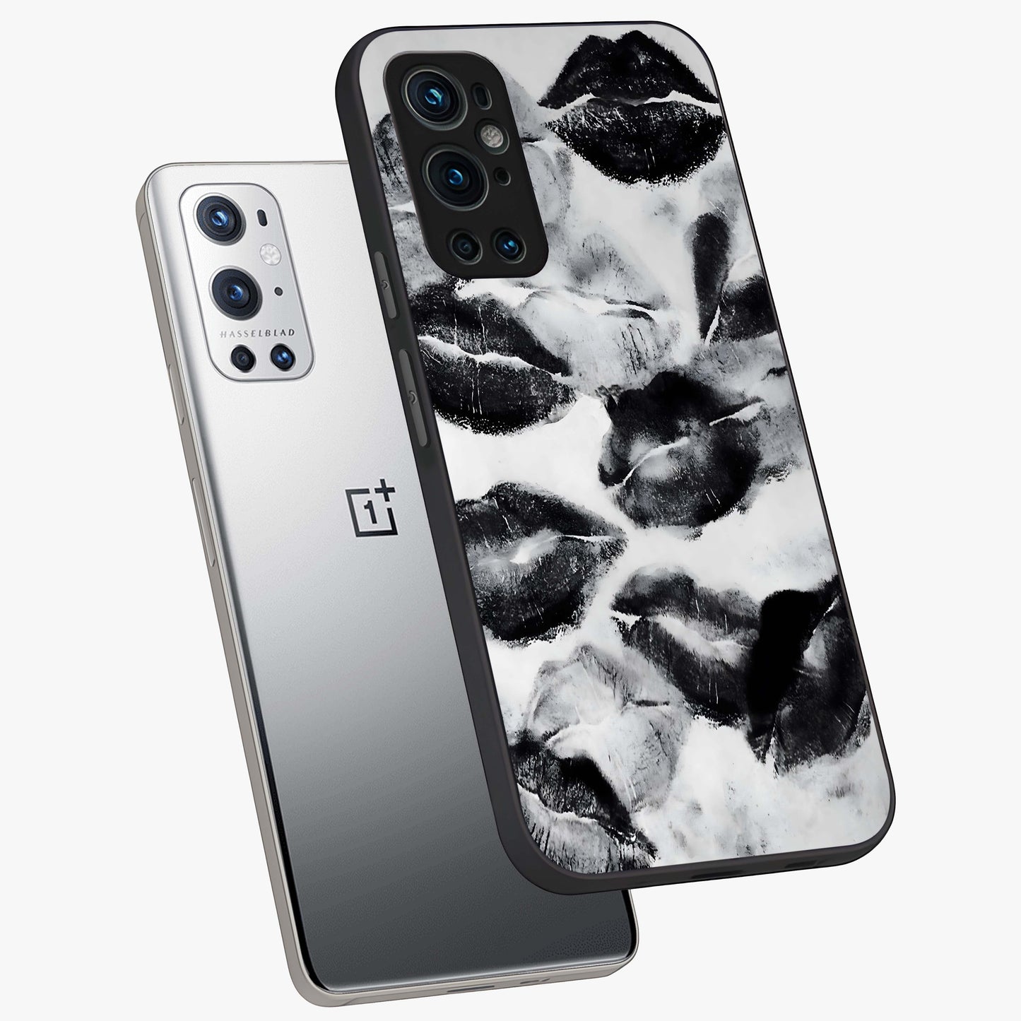 Midnight Kiss Marks Glass Case displayed in angled mockup highlighting playful romantic design with bold midnight aesthetic.