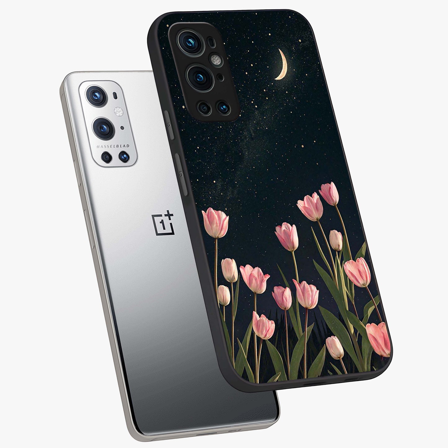 Midnight Tulip Whispers Vibe Glass Case displayed in angled mockup highlighting delicate tulip design with midnight floral aesthetic.