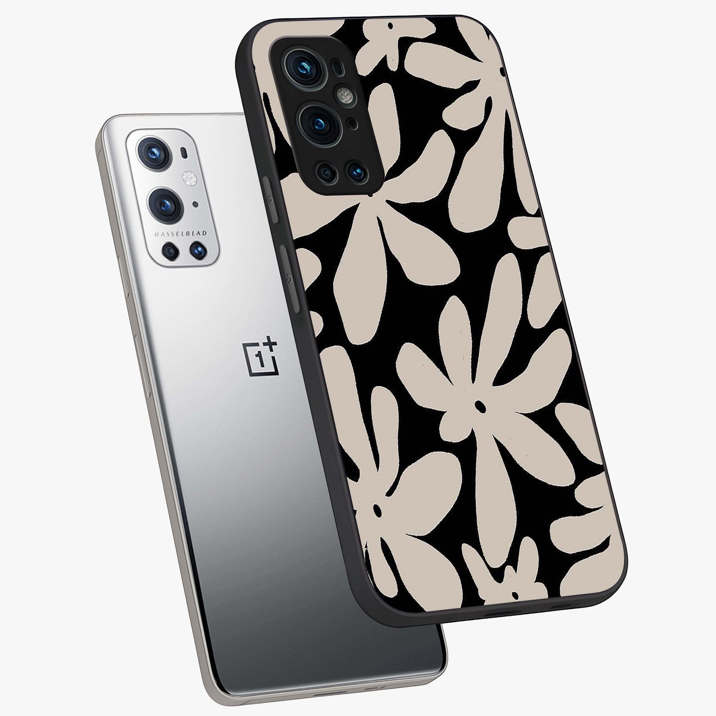 Monochrome Petal Dance Glass Case displayed in angled mockup highlighting elegant petal design with black and white aesthetic.