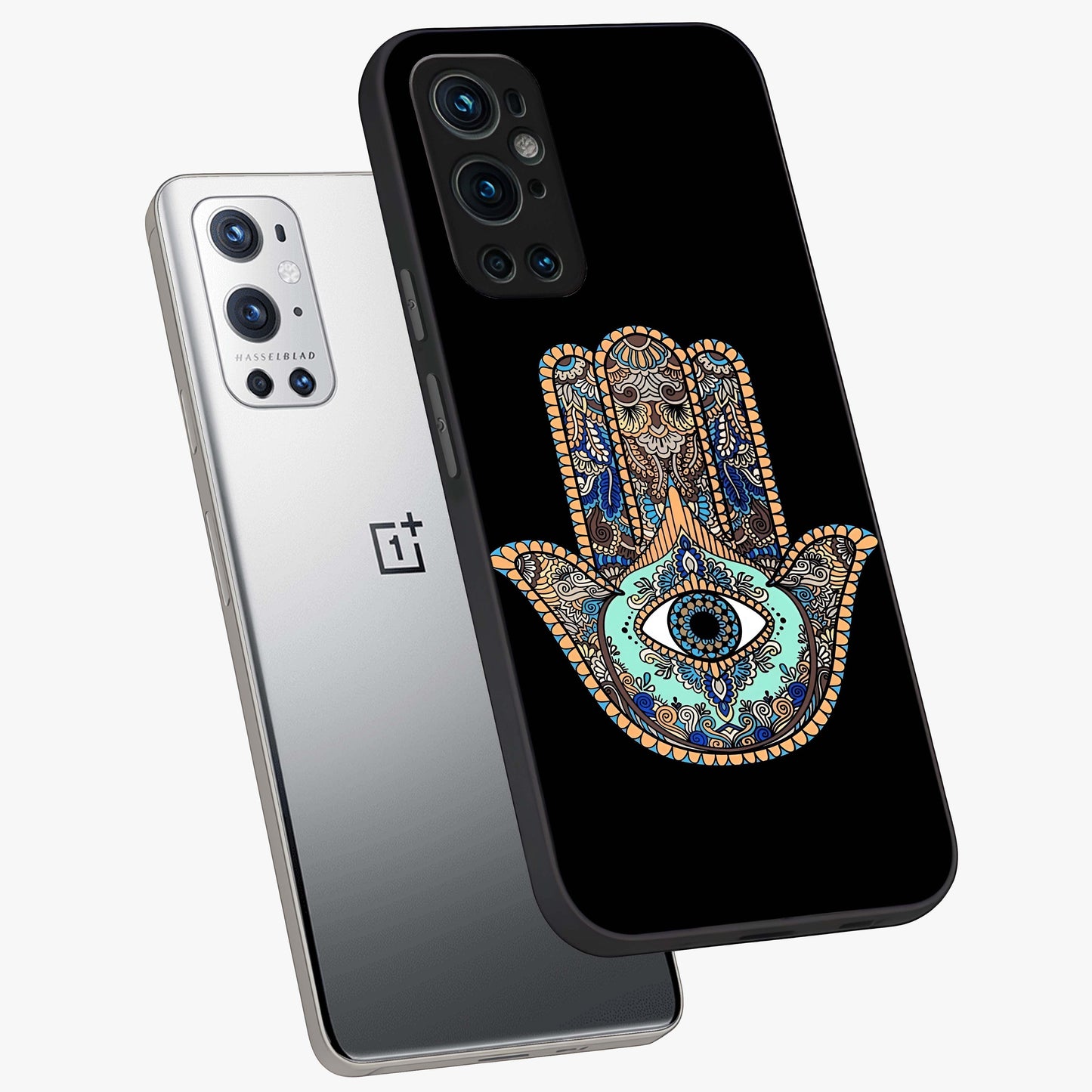 Mystic Hamsa Eye Glass Case displayed in angled mockup highlighting spiritual hamsa symbol with mystical aesthetic style.
