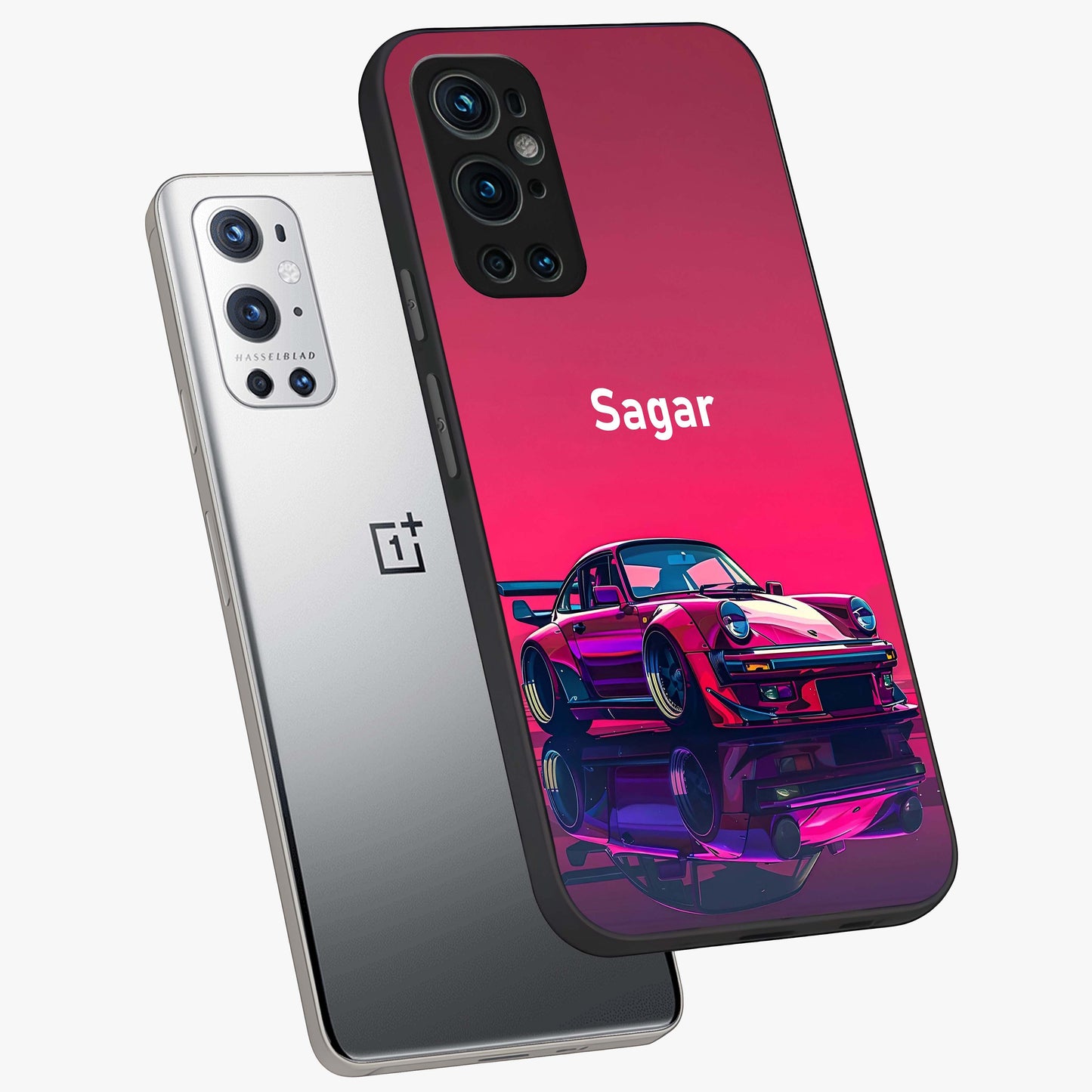 Neon Pink Porsche Glass Case displayed in angled mockup highlighting sleek neon pink car design with racing aesthetic.