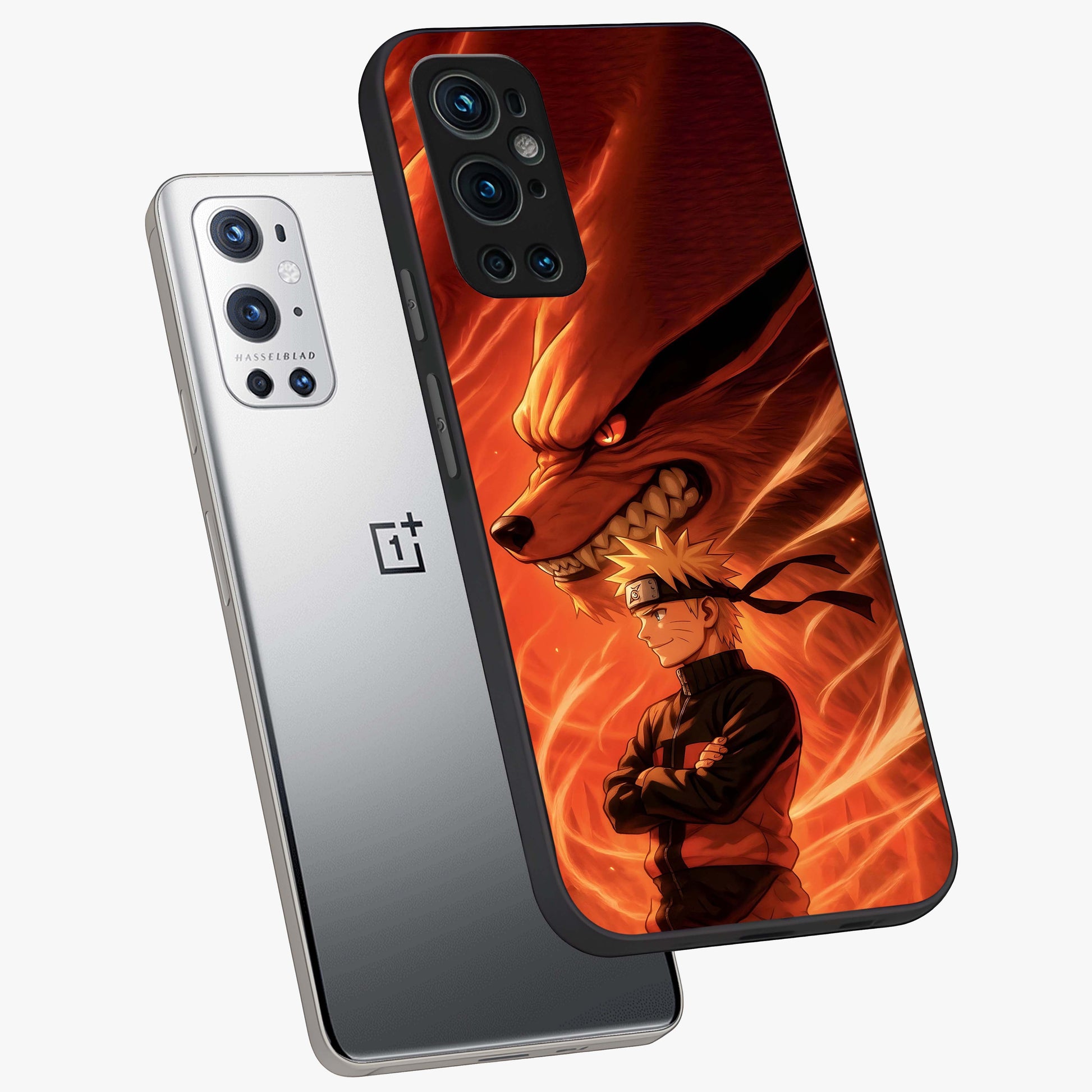 Nine Tails Legacy Glass Case displayed in angled mockup highlighting dynamic anime beast illustration with bold mystical aesthetic.