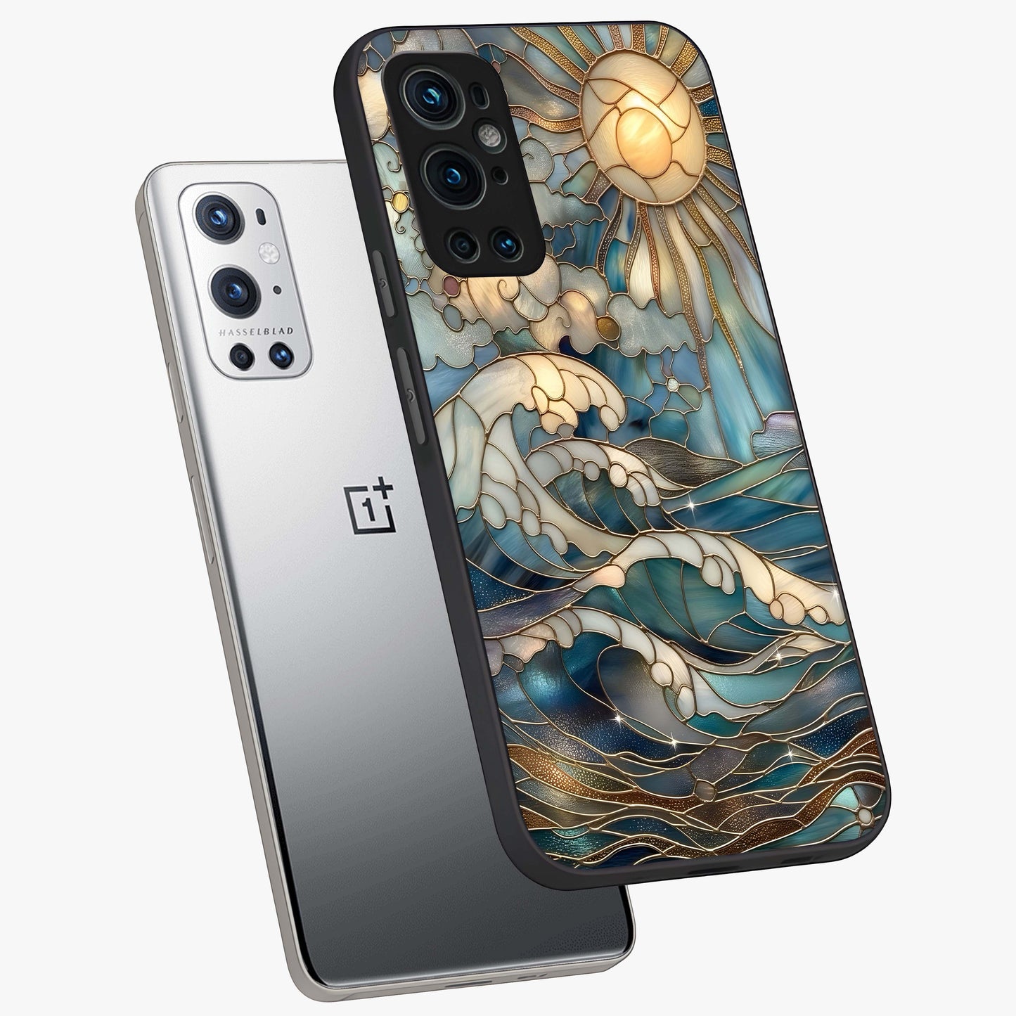 Oceanic Stained Printed Glass Case displayed in angled mockup highlighting colorful aquatic design with artistic aesthetic style.