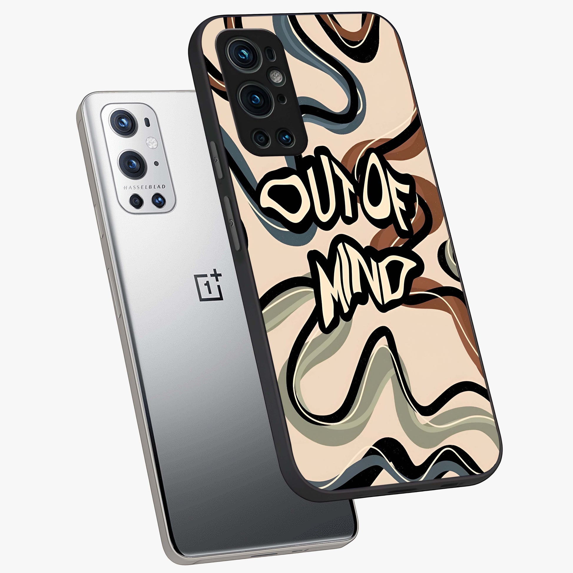 Out Of Mind Glass Case displayed in angled mockup highlighting bold statement design with modern artistic aesthetic.