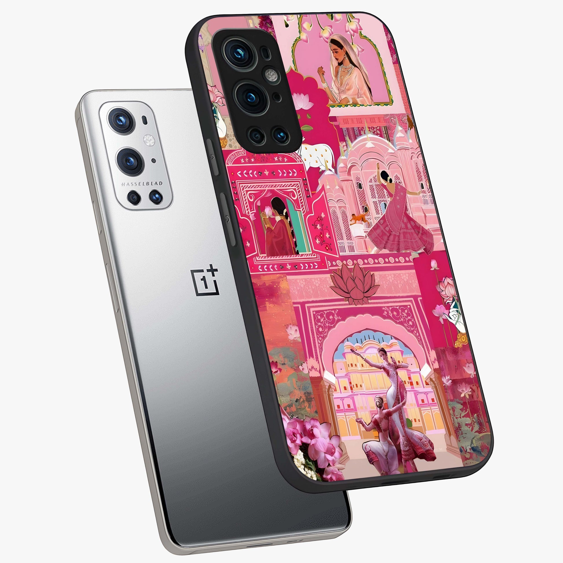 Pink Palace Muse Glass Case displayed in angled mockup highlighting dreamy palace illustration with soft pink aesthetic.