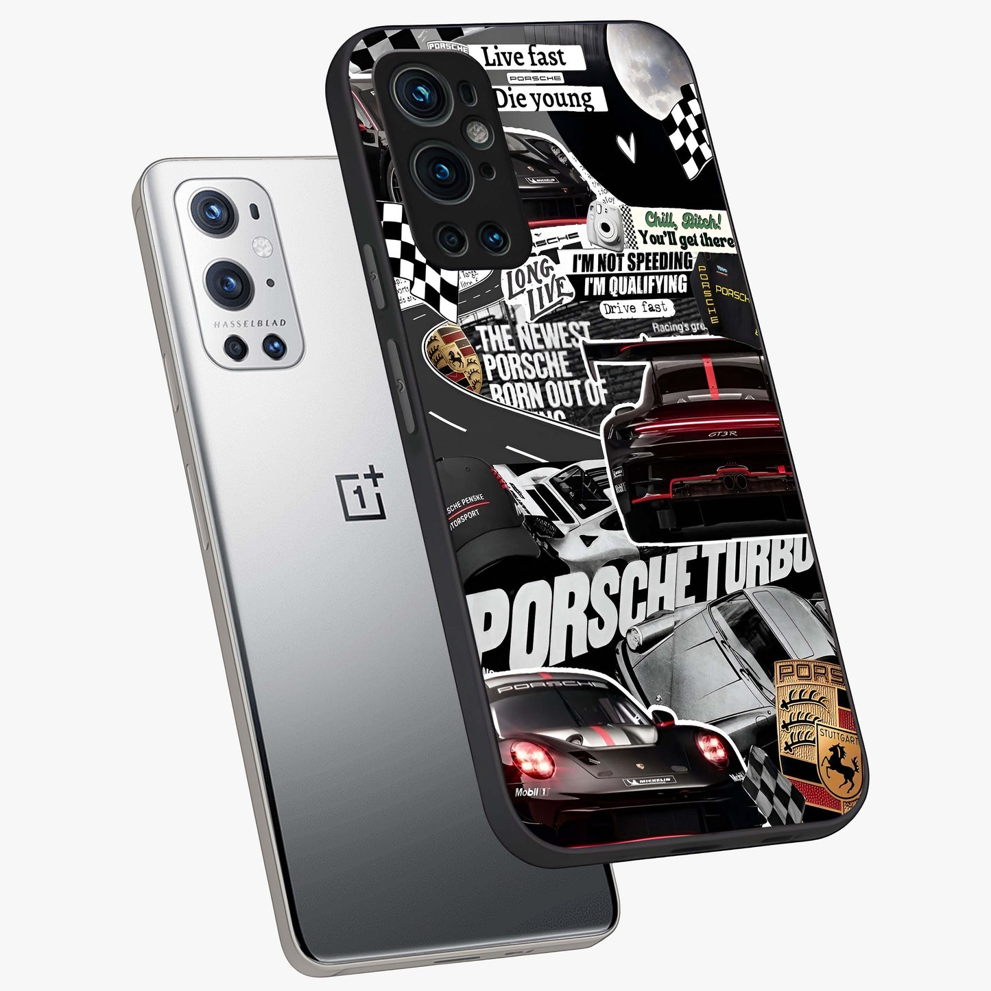 Porsche Racing Collage Glass Case displayed in angled mockup highlighting dynamic automotive design with bold racing aesthetic.