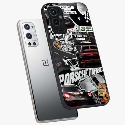 Porsche Racing Collage Glass Case displayed in angled mockup highlighting dynamic automotive design with bold racing aesthetic.