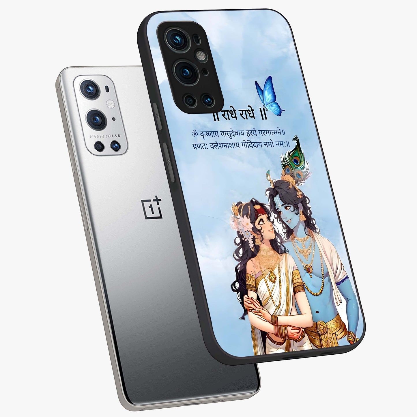 Radha Krishna Eternal Glass Case displayed in angled mockup highlighting divine Radha Krishna illustration with spiritual aesthetic.