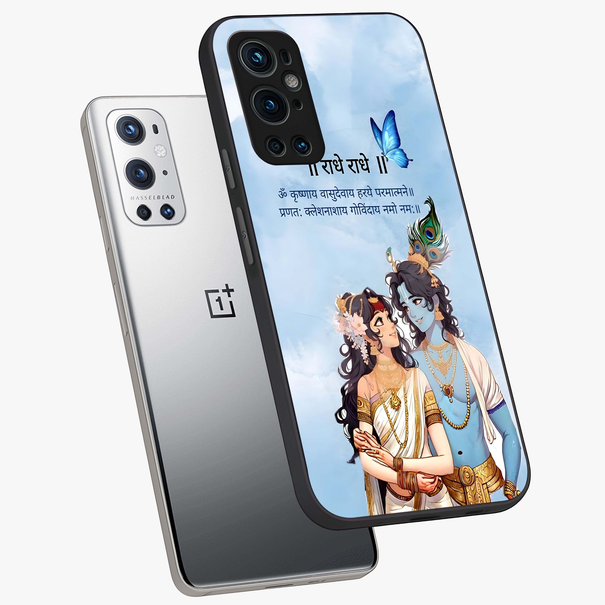 Radha Krishna Eternal Glass Case displayed in angled mockup highlighting divine Radha Krishna illustration with spiritual aesthetic.