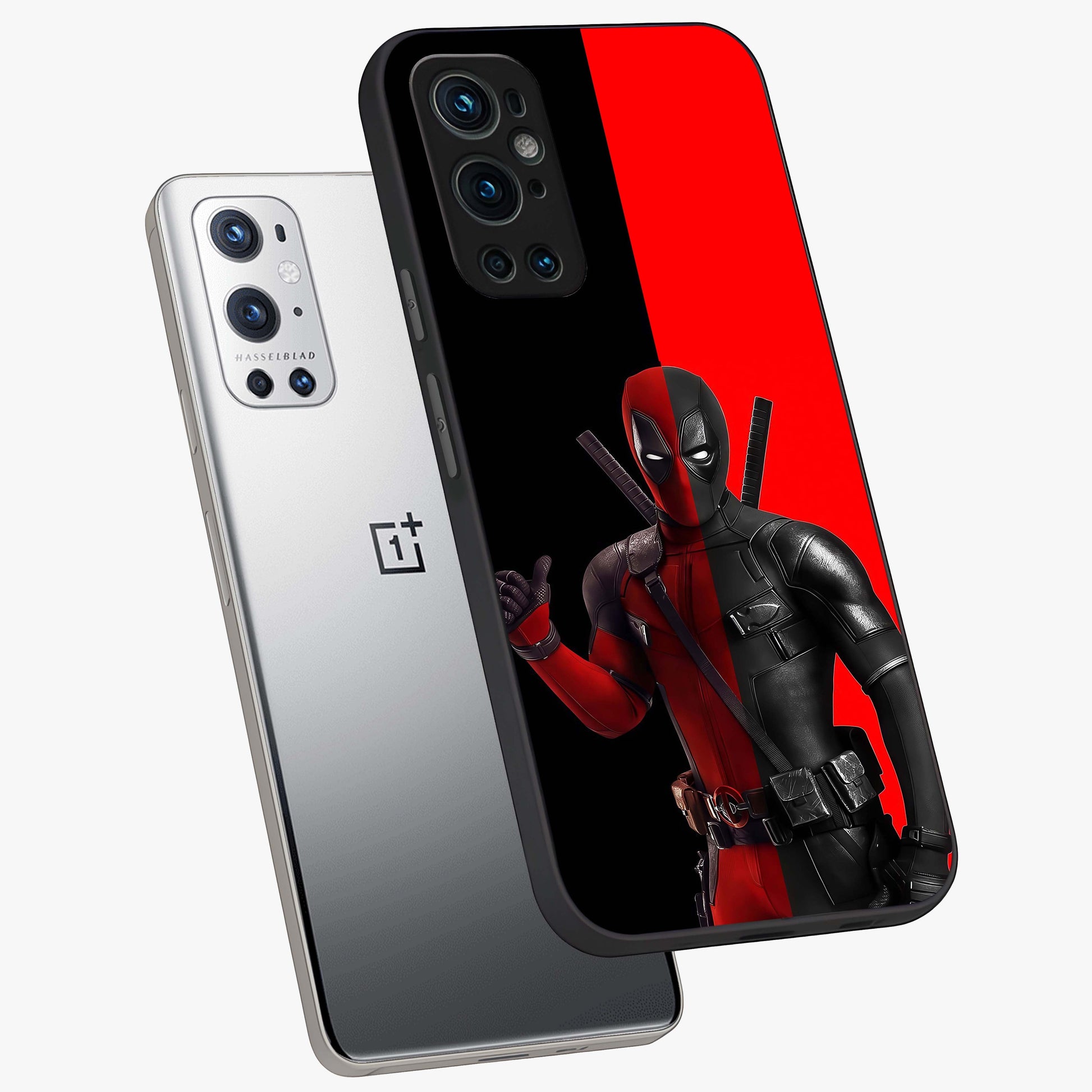 Red & Black Deadpool Theme Glass Case displayed in angled mockup highlighting vibrant superhero style illustration with action aesthetic.