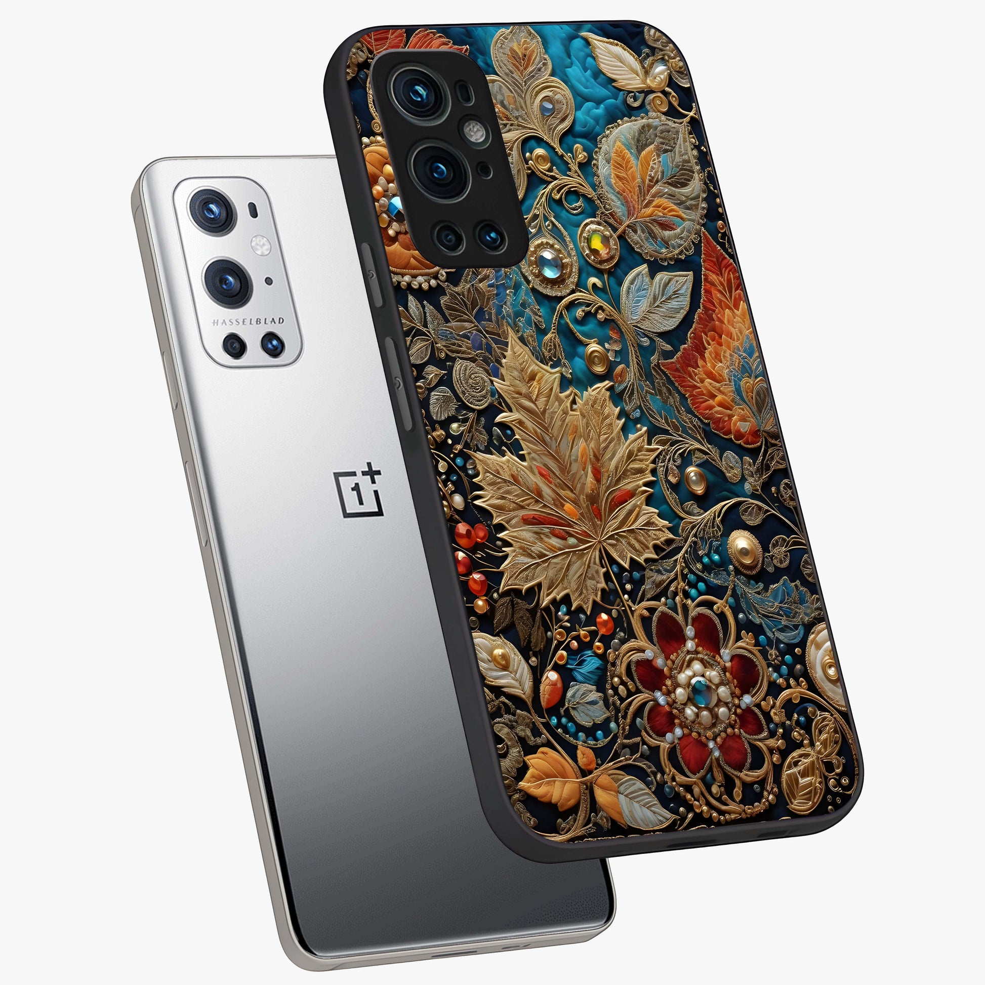 Royal Jewel Garden Glass Case displayed in angled mockup highlighting vibrant jewel inspired floral design with elegant aesthetic.