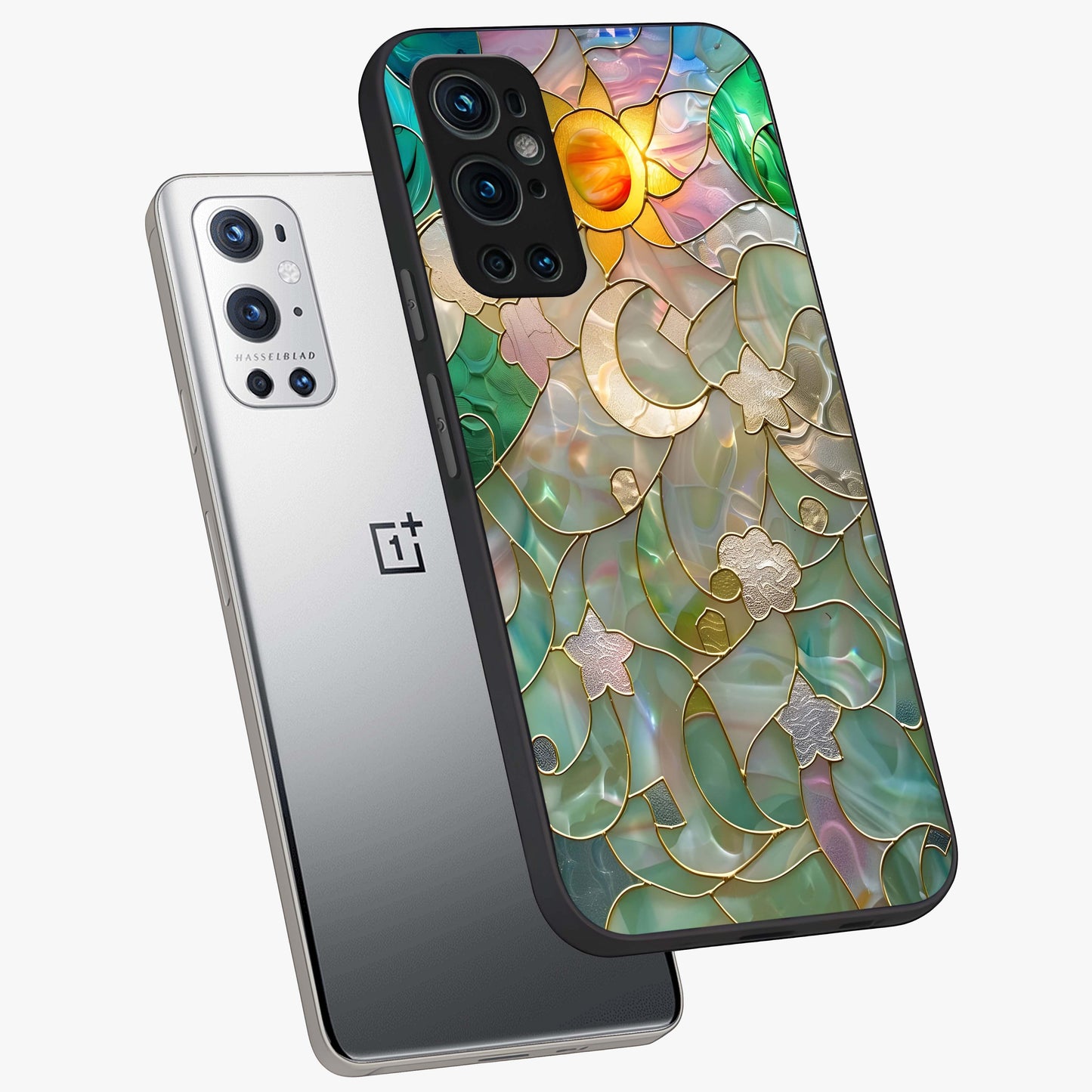 Stained Sunrise Glow Glass Case displayed in angled mockup highlighting radiant sunrise design with artistic aesthetic style.