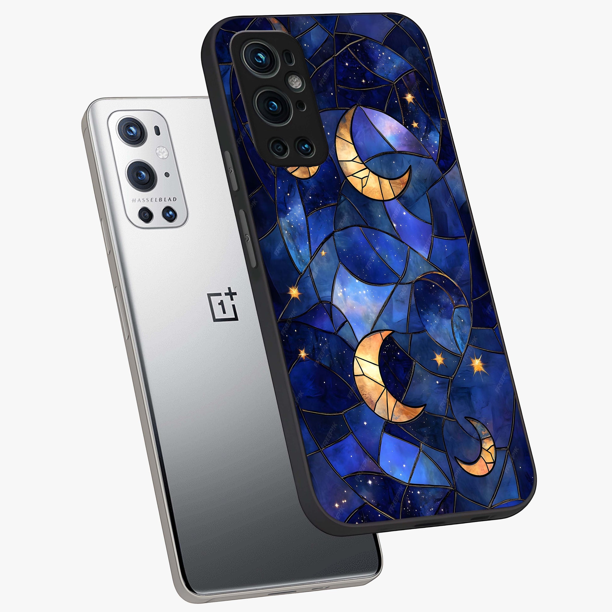 Starlit Sky Tapestry Glass Case displayed in angled mockup highlighting celestial night pattern with artistic aesthetic style.