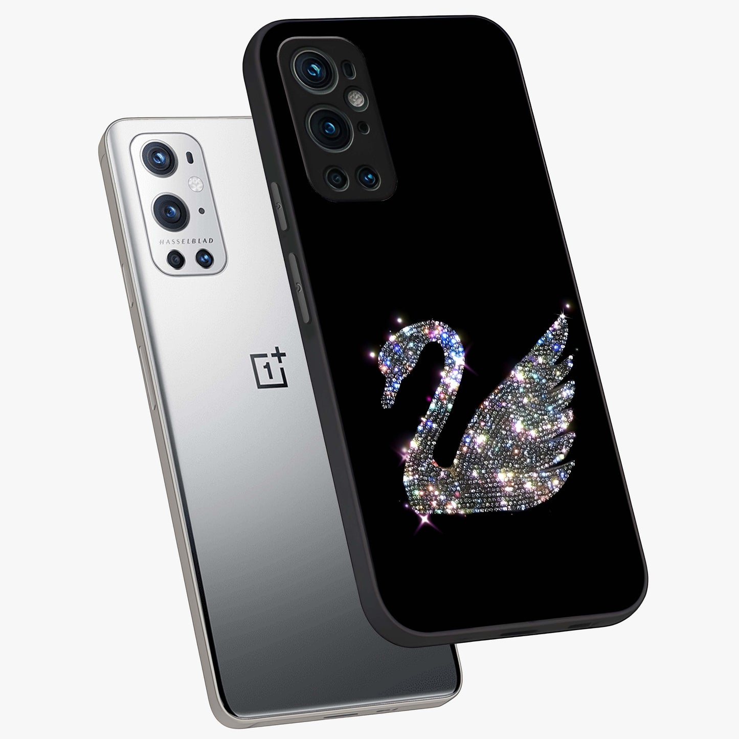 Starlit Swan Grace Glass Case displayed in angled mockup highlighting elegant swan illustration with dreamy celestial aesthetic.