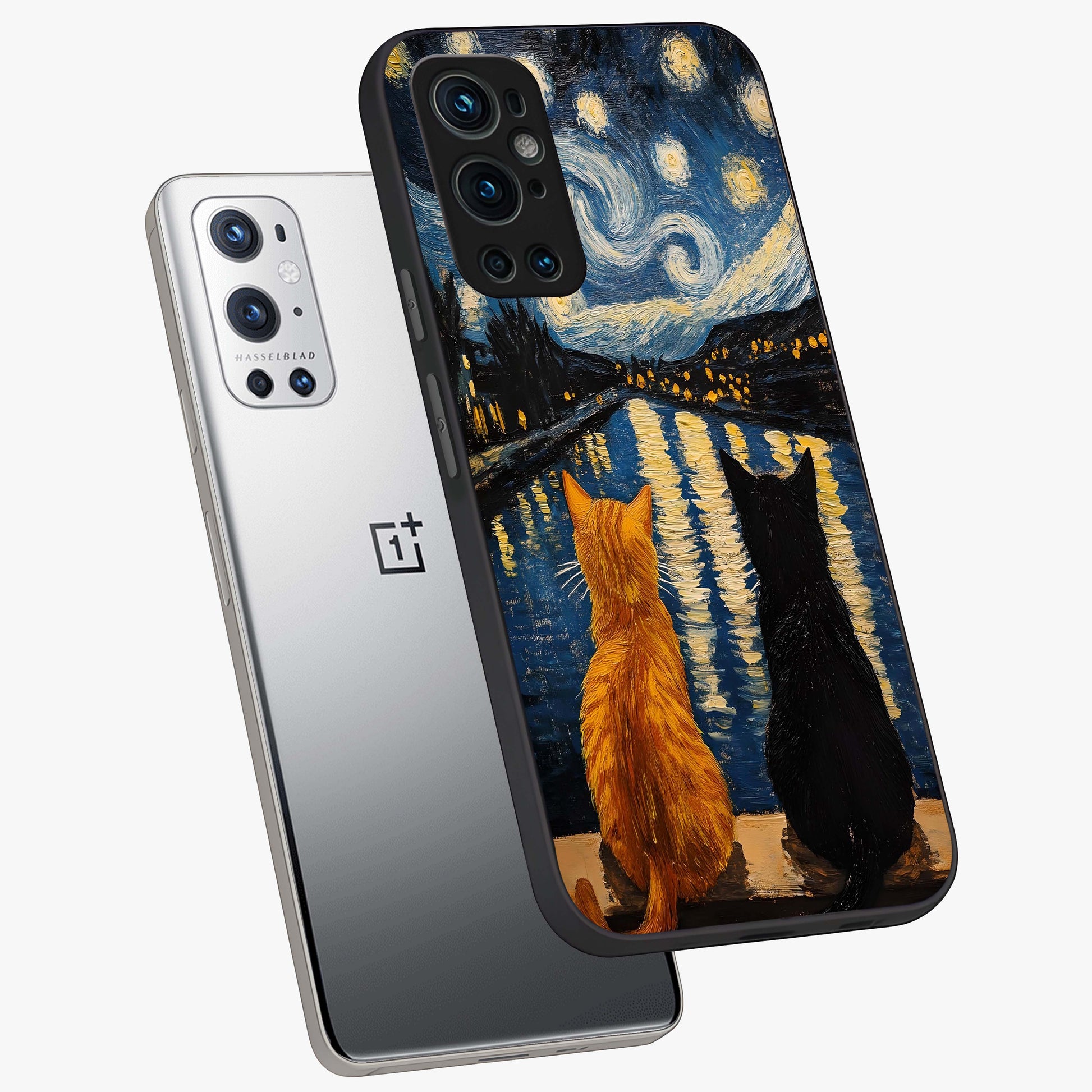 Starry River Cats Glass Case displayed in angled mockup highlighting charming feline illustration with dreamy night aesthetic.