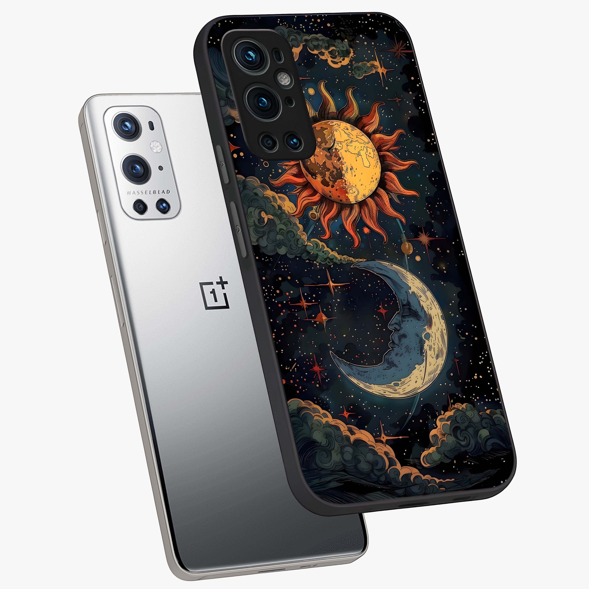 Sun And Moon Magic Design Glass Case displayed in angled mockup highlighting celestial design with magical cosmic aesthetic.