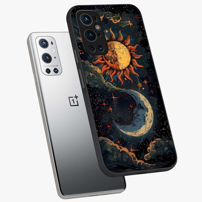 Sun And Moon Magic Design Glass Case displayed in angled mockup highlighting celestial design with magical cosmic aesthetic.
