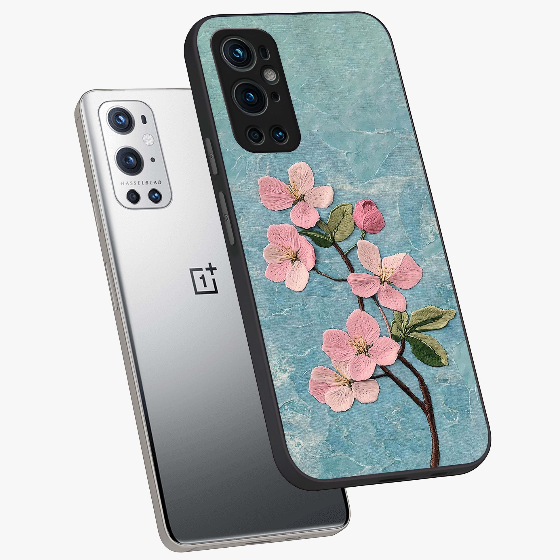 Threaded Blossom Breeze Glass Case displayed in angled mockup highlighting elegant floral design with soft aesthetic style.