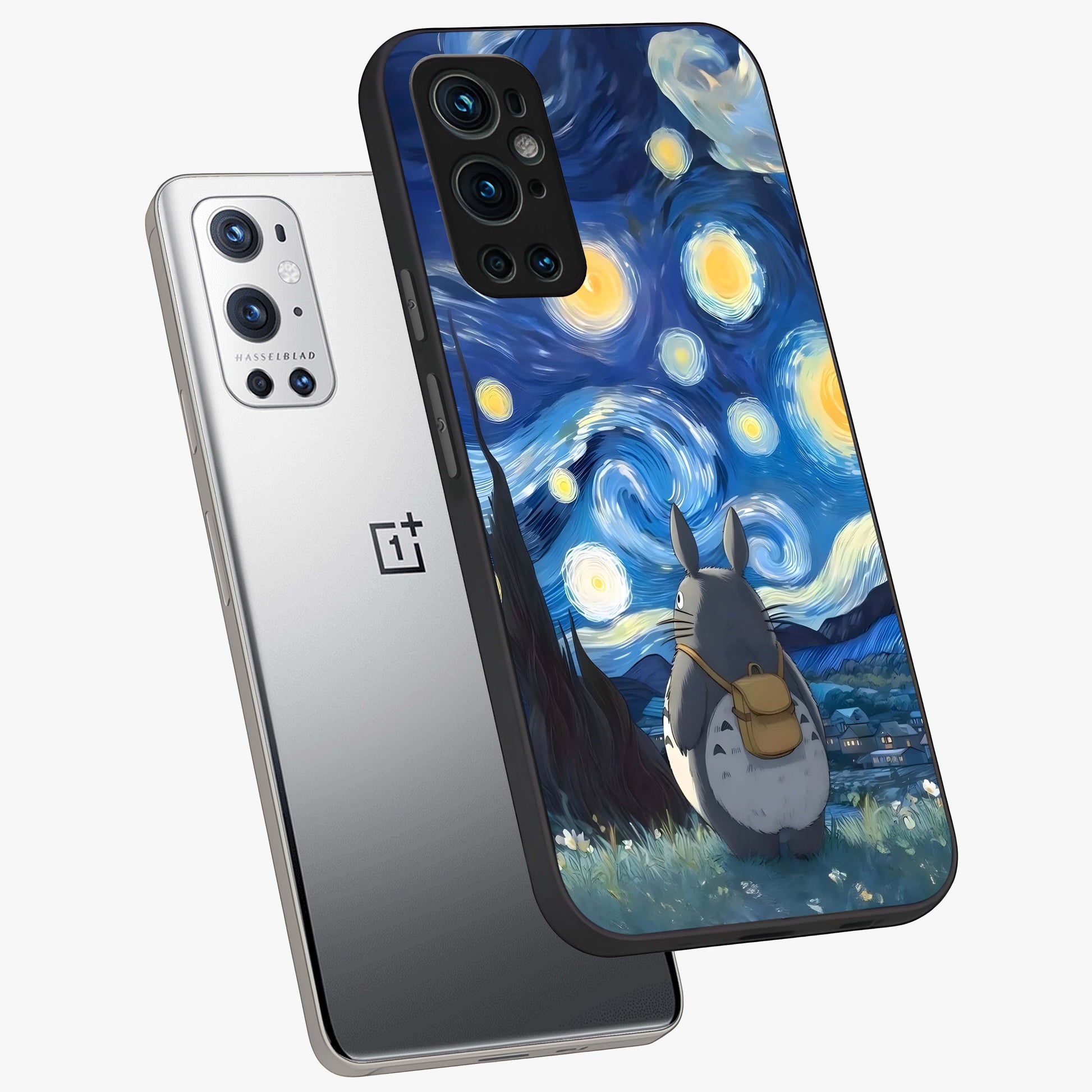 Totoro In Van Gogh Art Glass Case displayed in angled mockup highlighting artistic swirling sky design with playful animation aesthetic.