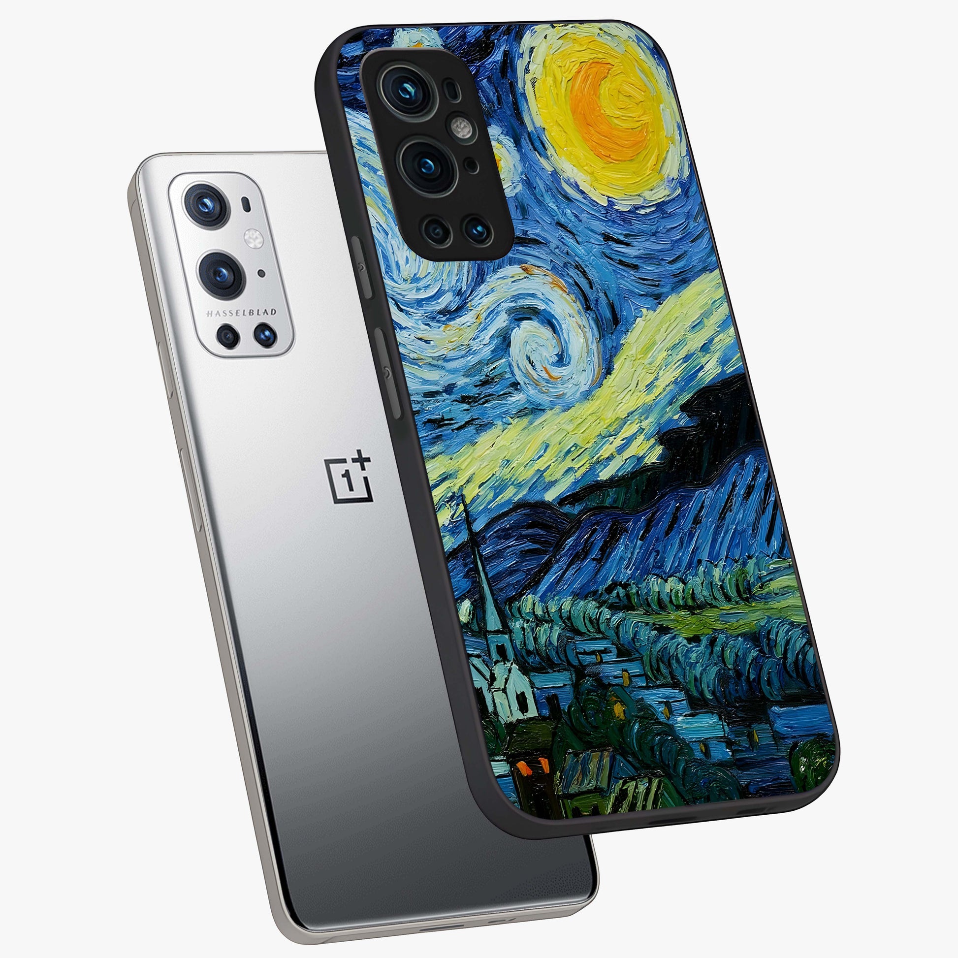 Van Gogh Art Glass Case displayed in angled mockup highlighting swirling brushstroke design with artistic aesthetic.