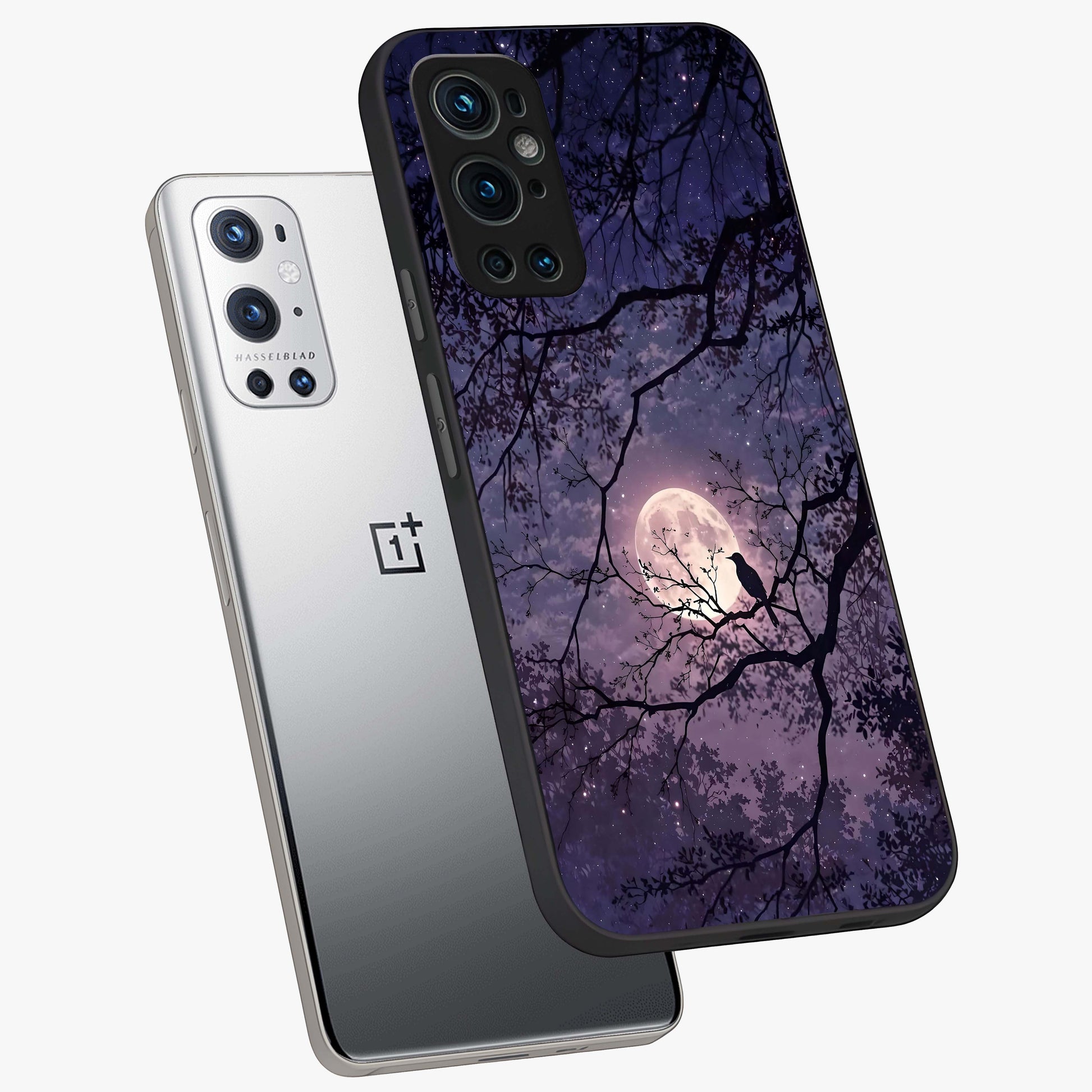 Whispering Moon Silence Glass Case displayed in angled mockup highlighting calm lunar design with dreamy night aesthetic.