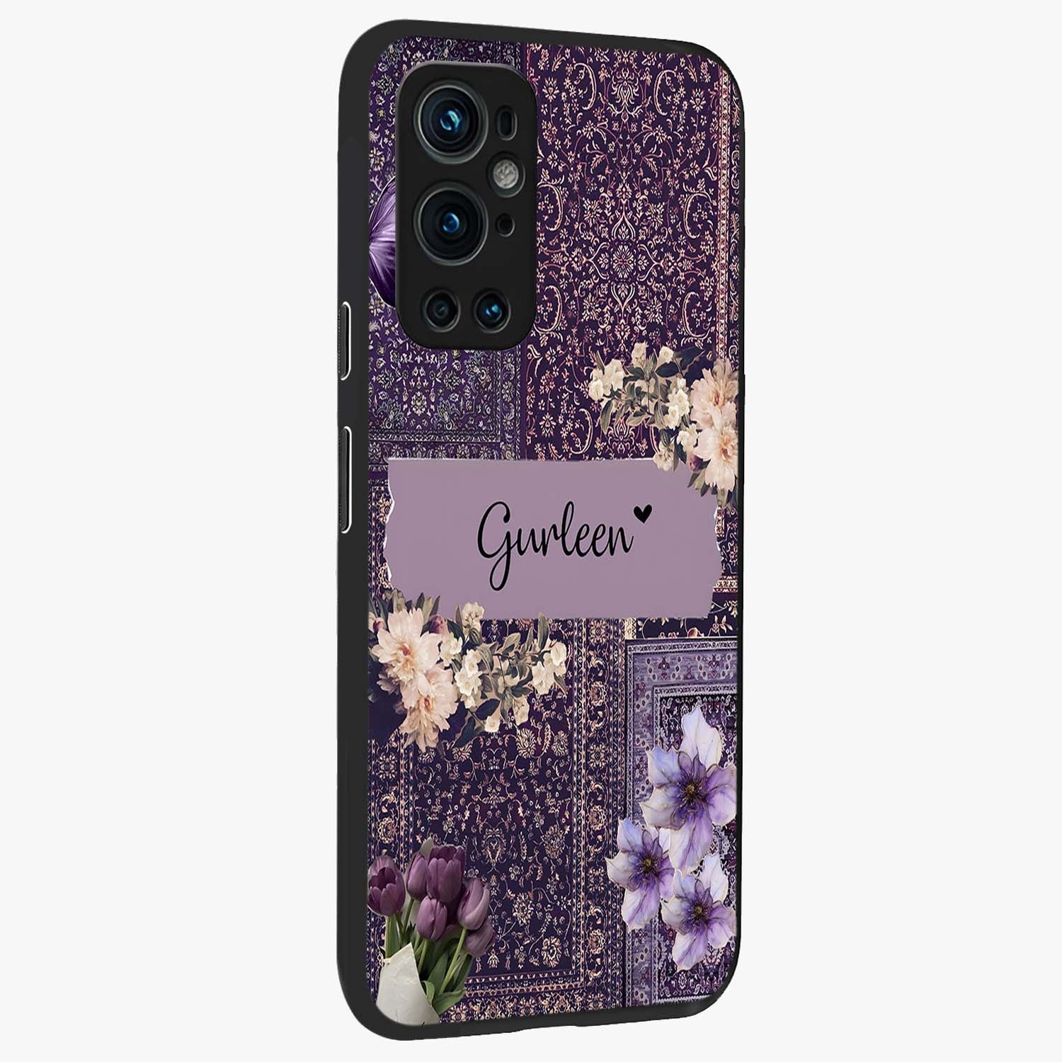 Antique Floral Whisper Custom Name Glass Case upright view showcasing delicate floral artwork with custom name feature.
