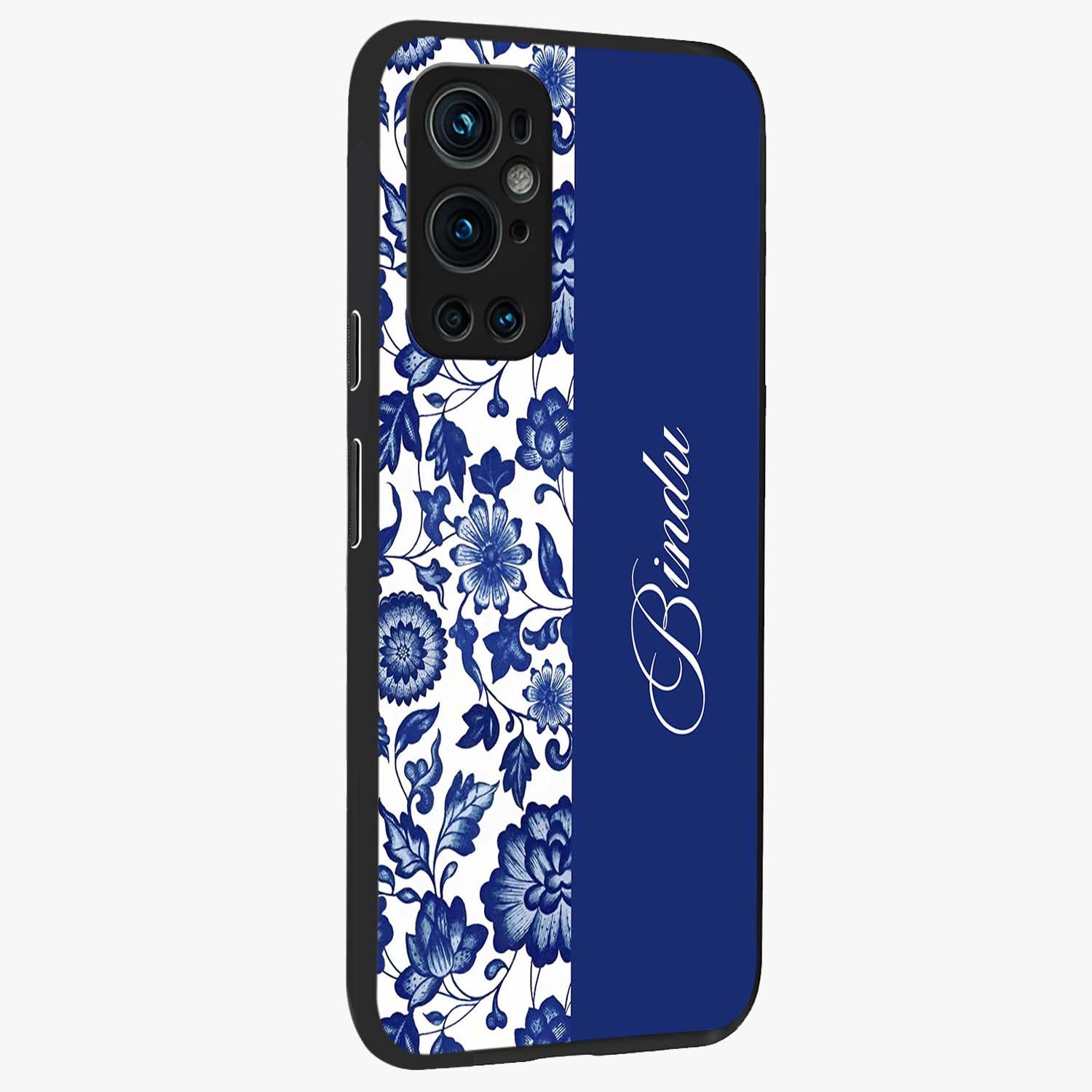 Blue Vintage Floral Pattern Glass Case upright view showcasing delicate blush floral texture with modern minimal style.