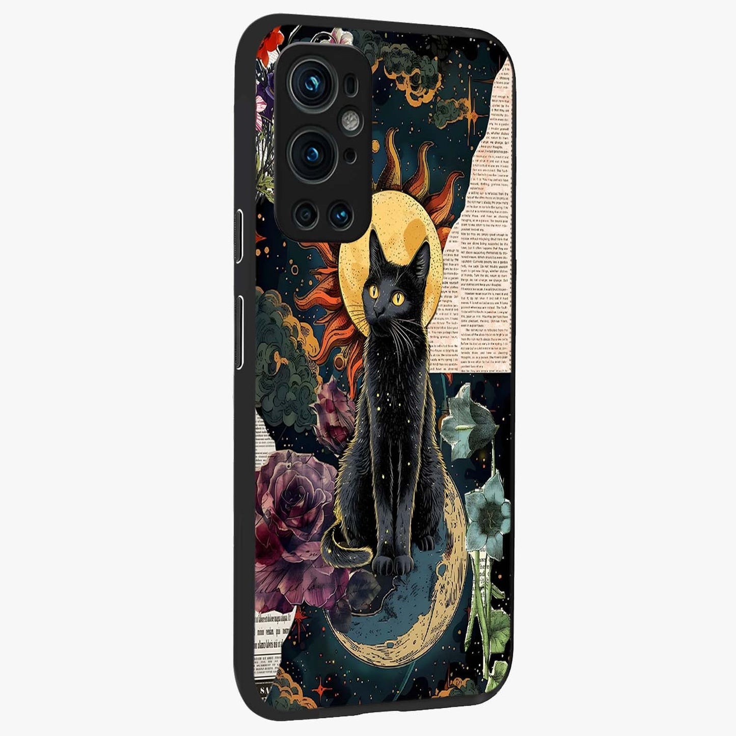 Celestial Black Cat Glass Case upright view showcasing magical black cat illustration with starry cosmic theme.