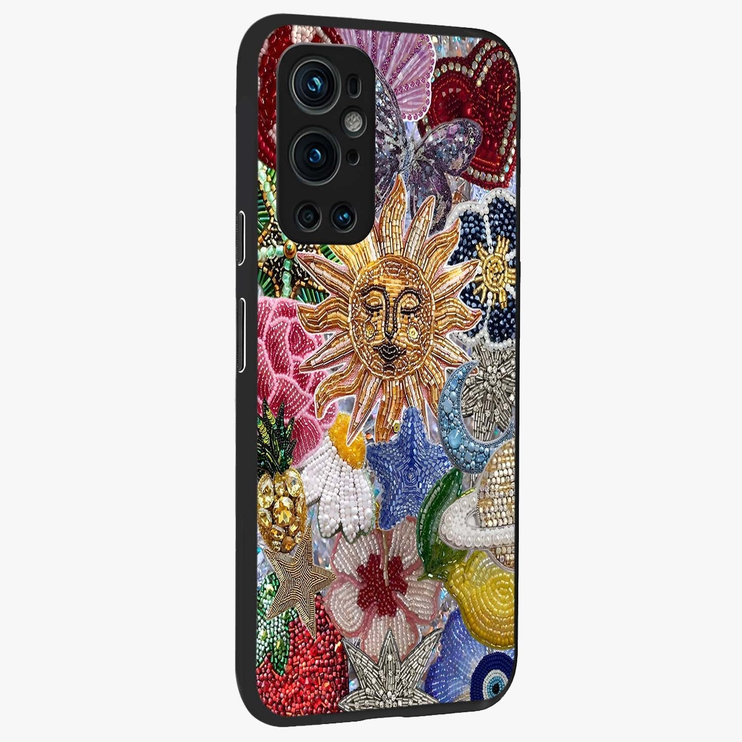 Celestial Floral and Playful Glass Case upright view showcasing whimsical floral artwork with cosmic aesthetic theme.