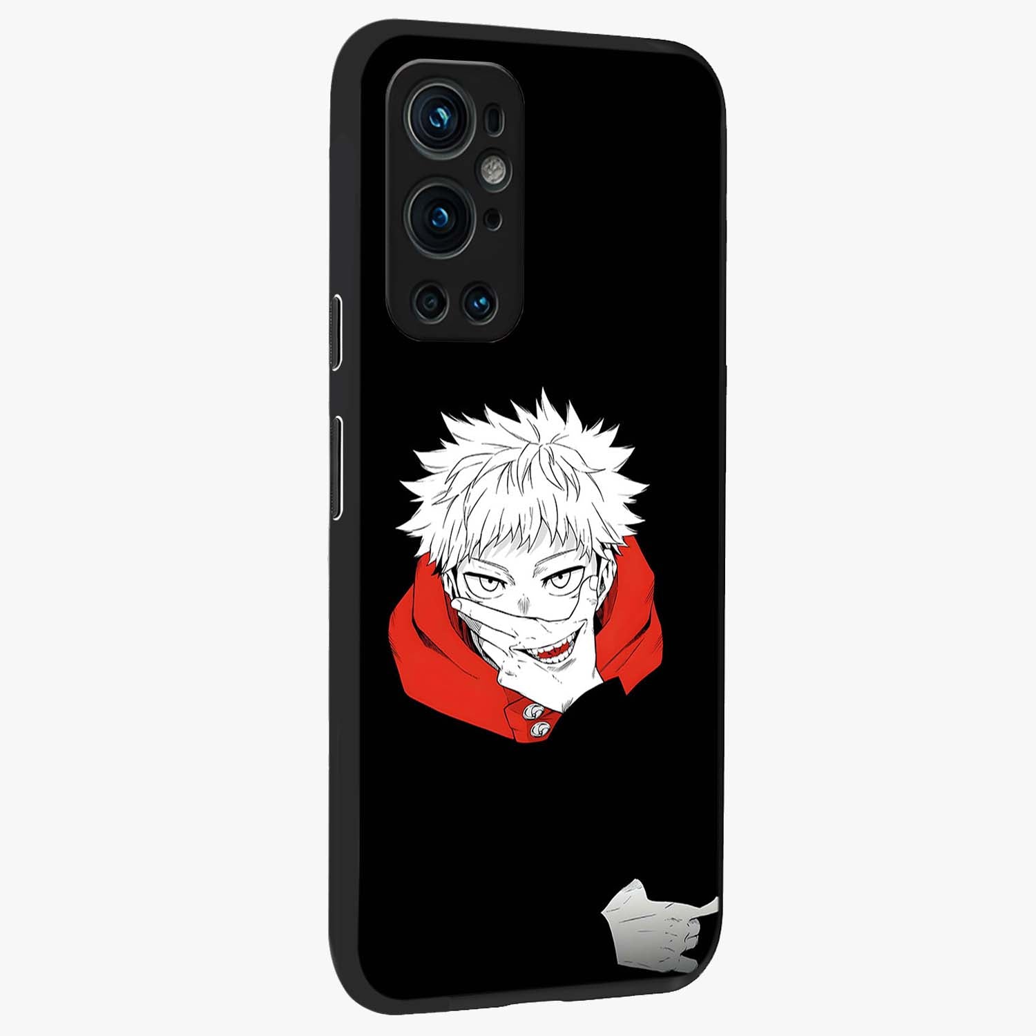 Crimson Chaos Smile Glass Case upright view showcasing expressive chaotic artwork with striking visual theme.