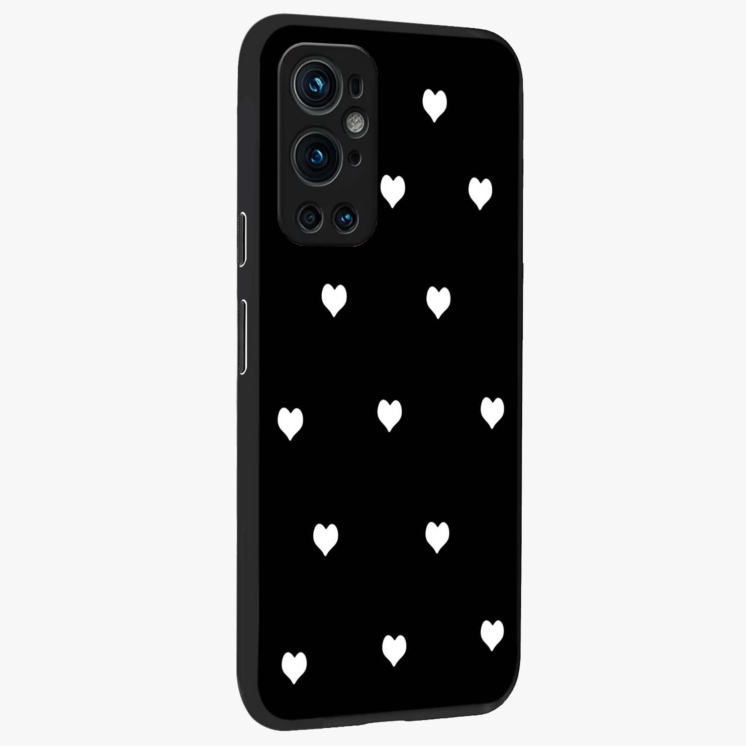 Cute And Simple White Hearts Glass Case upright view showcasing simple white hearts artwork with soft minimal theme.