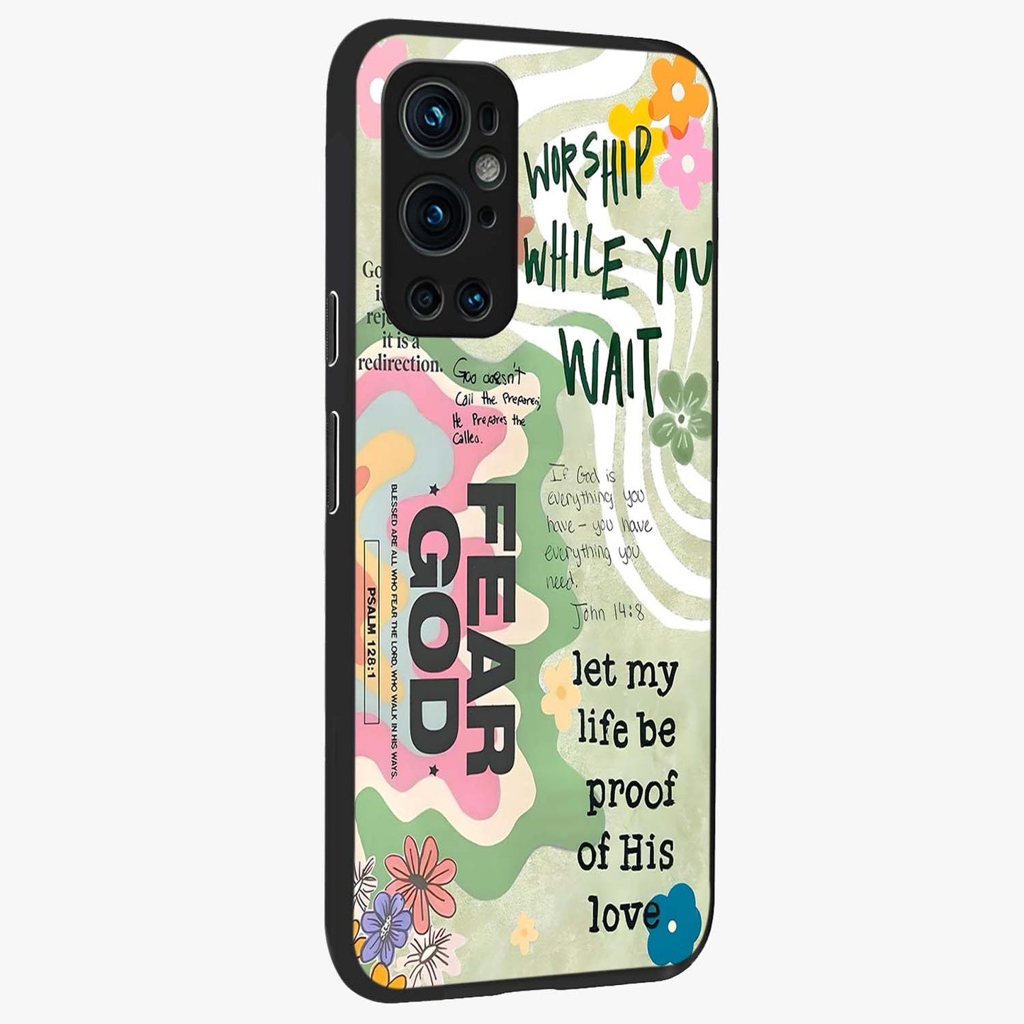 Faith Over Fear Glass Case upright view showcasing bold typography artwork with uplifting motivational theme.
