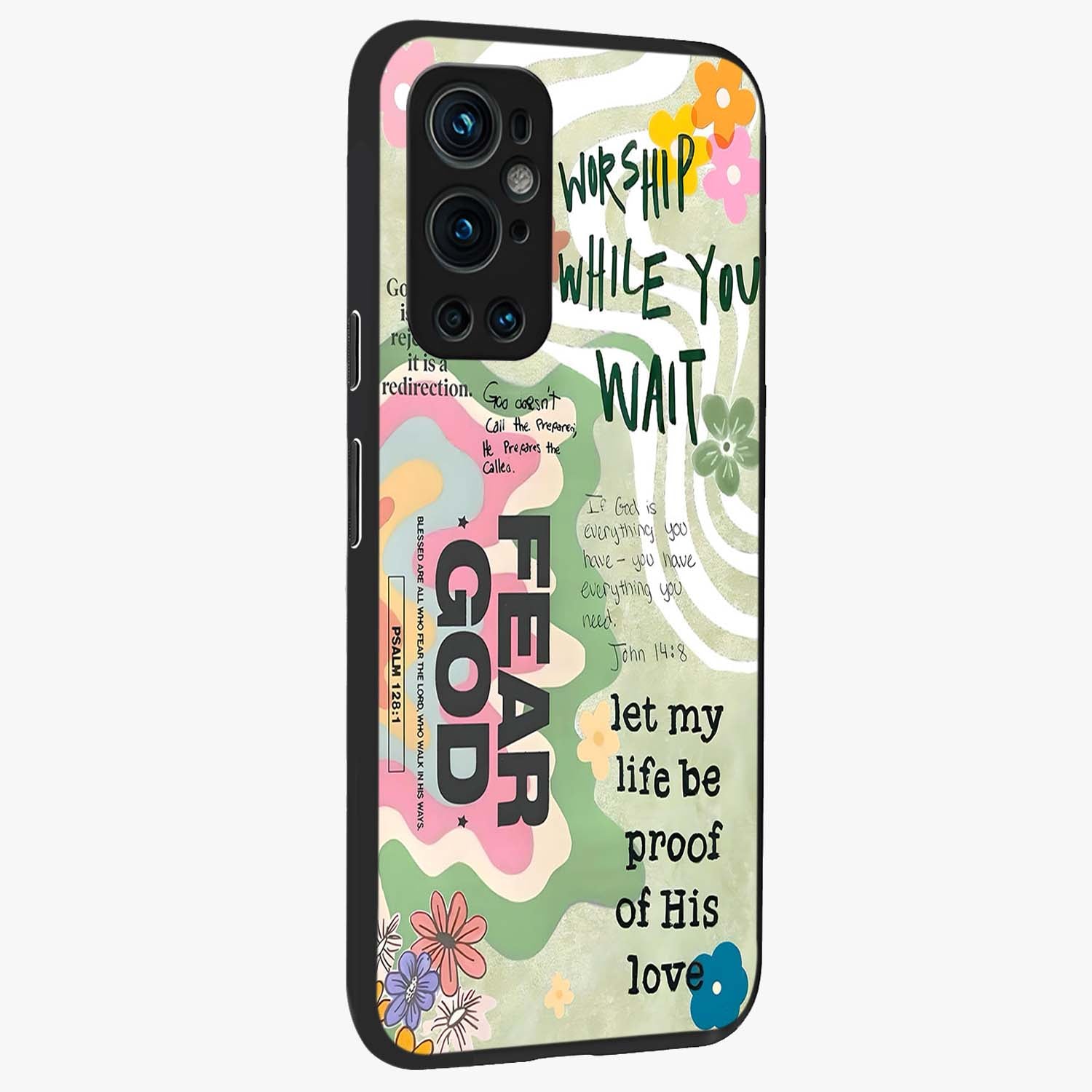 Faith Over Fear Glass Case upright view showcasing bold typography artwork with uplifting motivational theme.