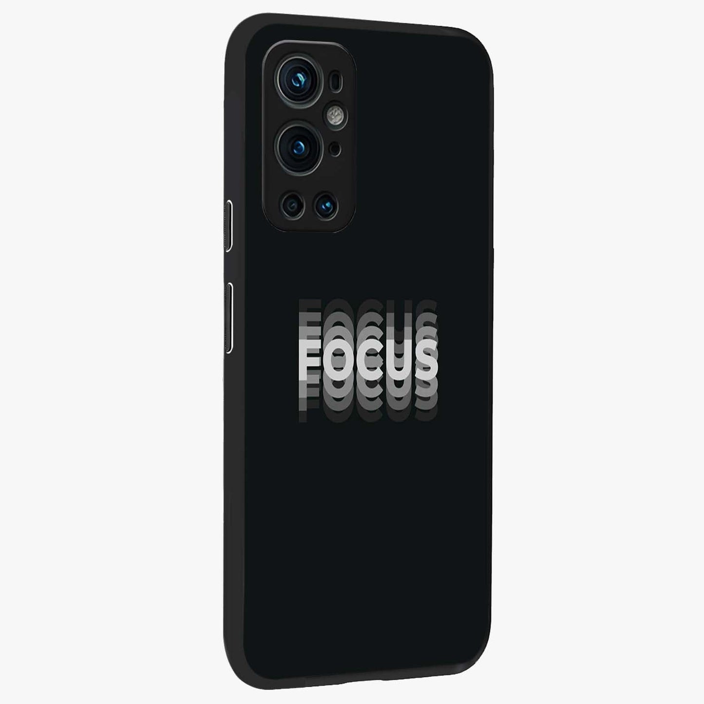 Focus Mode On Glass Case upright view showcasing strong typography statement with sleek motivational theme.