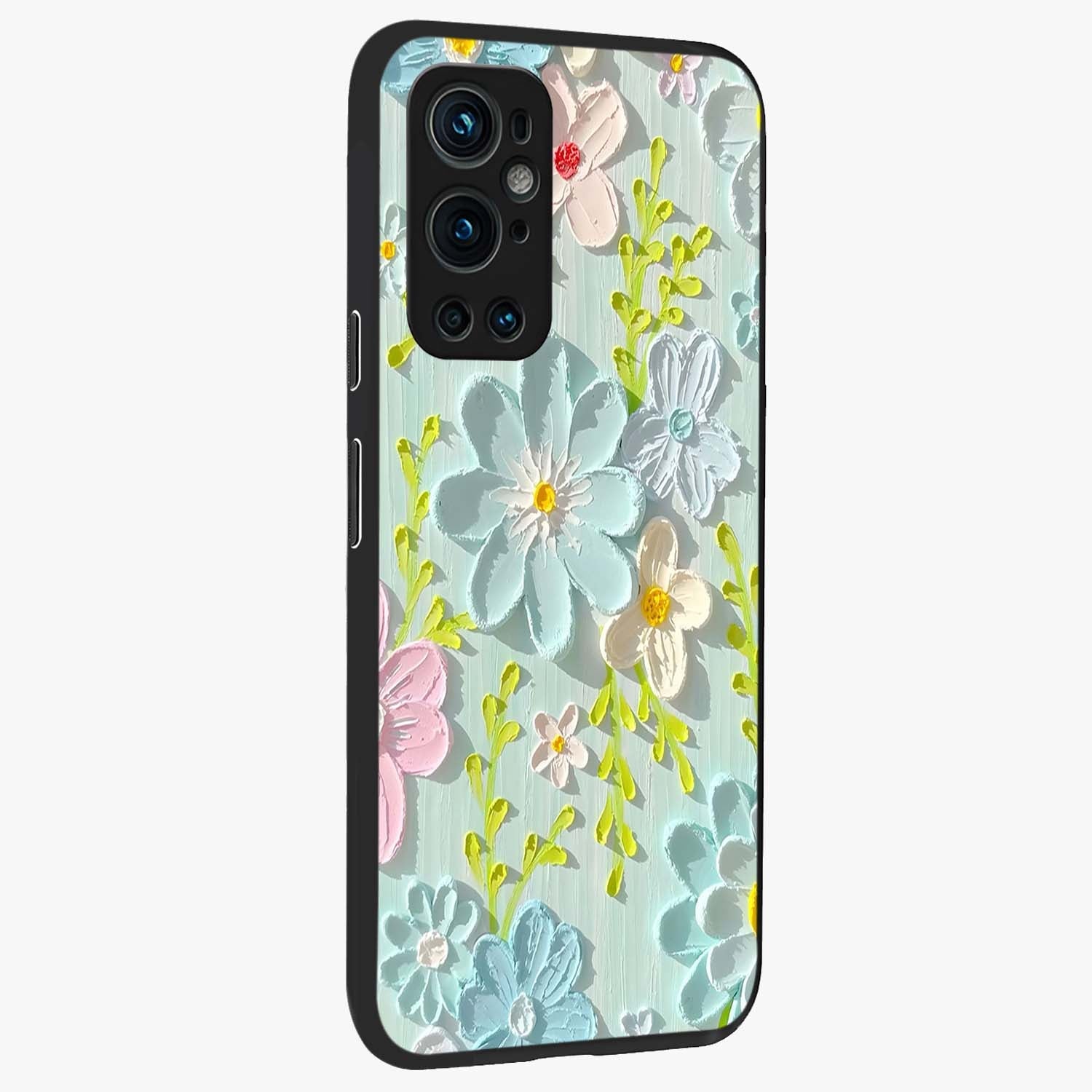 Frosted Petal Garden Glass Case upright view showcasing elegant floral garden artwork with soothing pastel theme.
