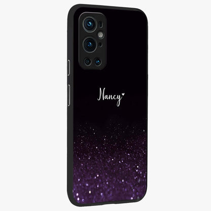 Glittery Purple Bokeh Custom Name Glass Case upright view showcasing vibrant purple sparkle artwork with personalized aesthetic style.