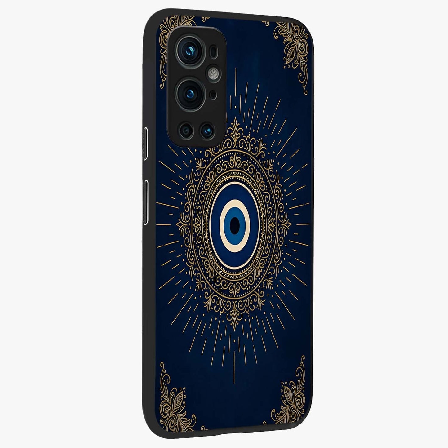 Golden Celestial Charm Glass Case upright view showcasing radiant celestial artwork with elegant golden theme.