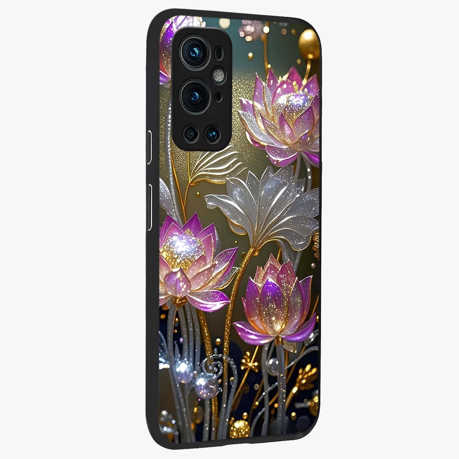 Golden Floral Majesty Glass Case upright view showcasing majestic floral artwork with rich decorative theme.