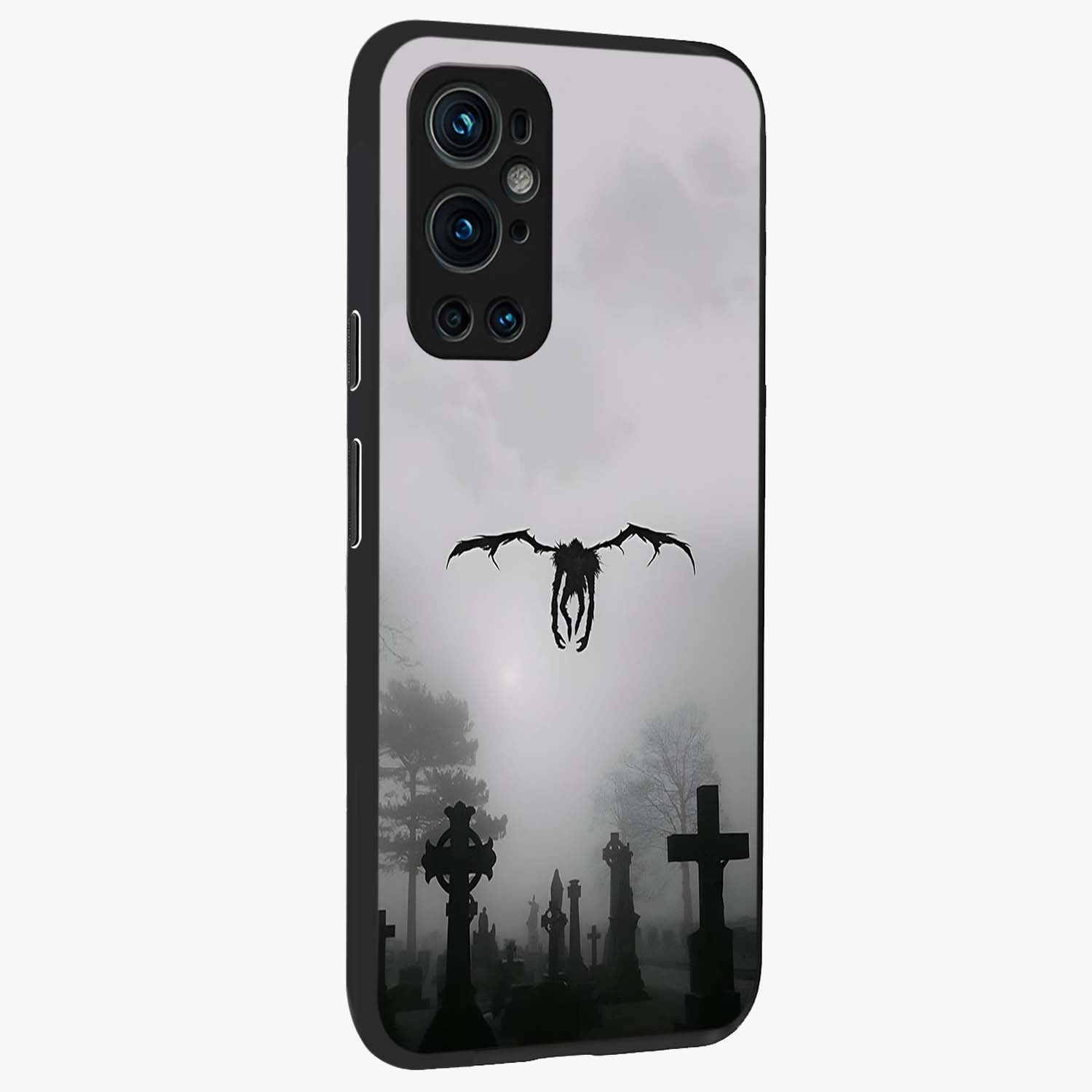 Graveyard Shadow Descent Glass Case upright view showcasing haunting graveyard artwork with dramatic dark theme.