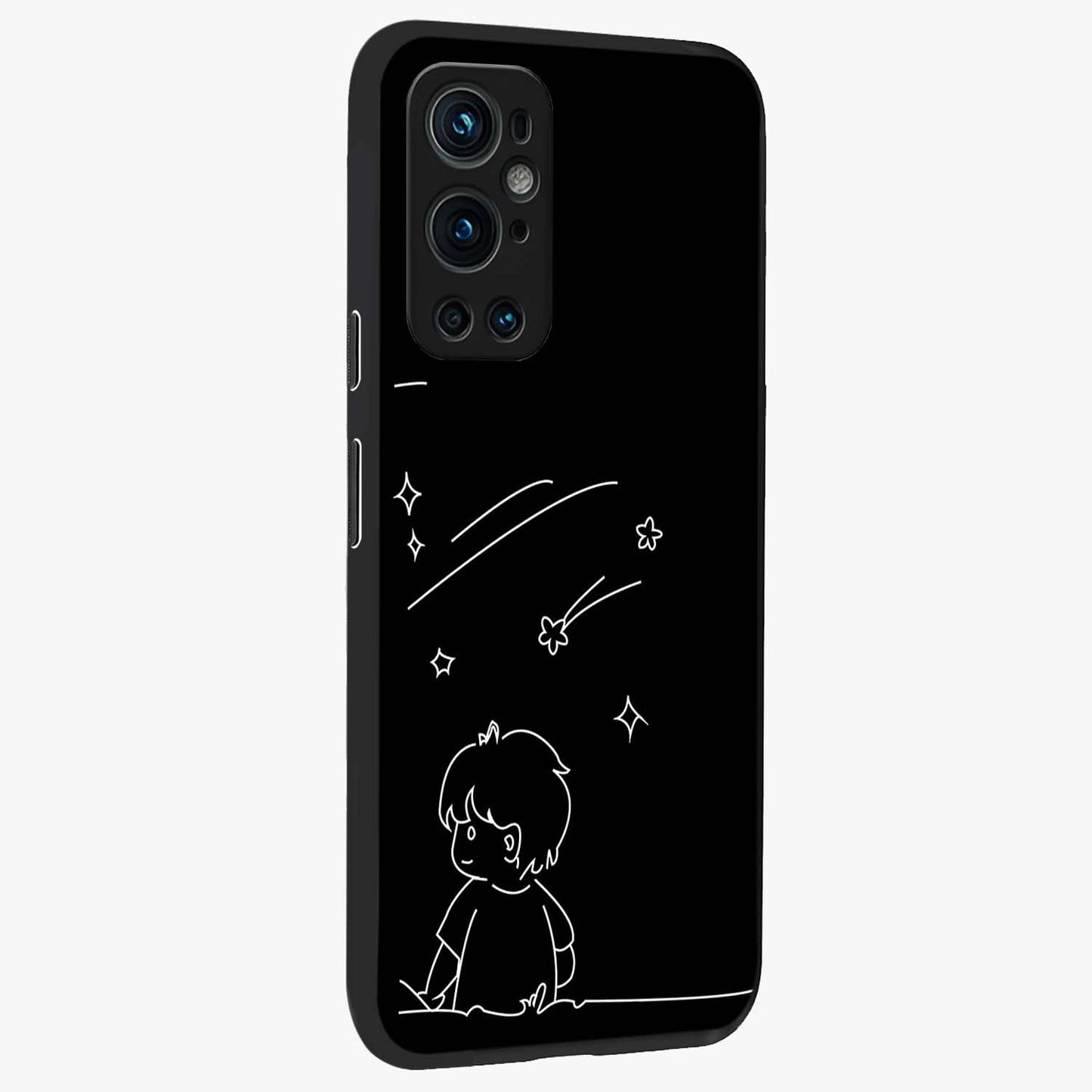 Line Art Boy With Shooting Stars Glass Case upright view showcasing artistic shooting star illustration with minimal style.