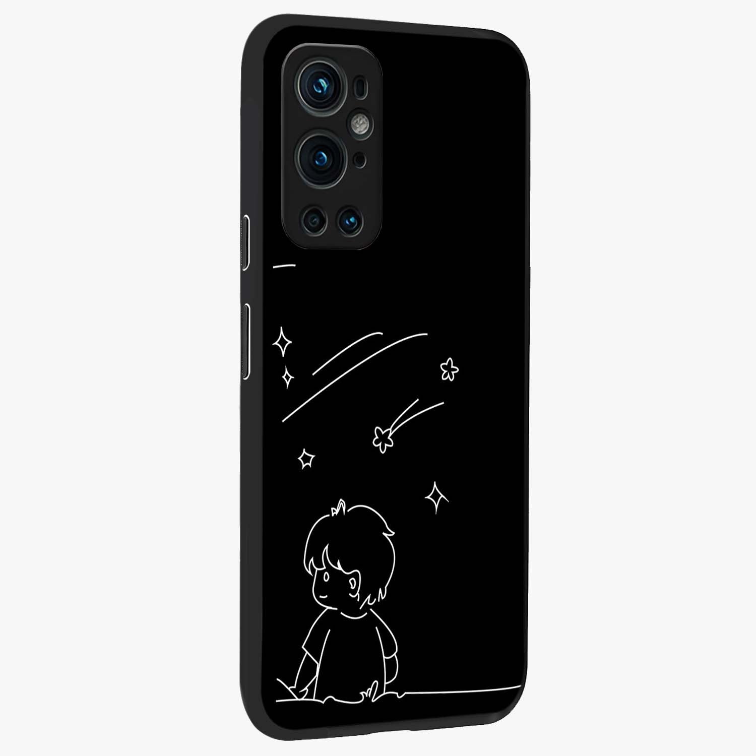 Line Art Boy With Shooting Stars Glass Case upright view showcasing artistic shooting star illustration with minimal style.