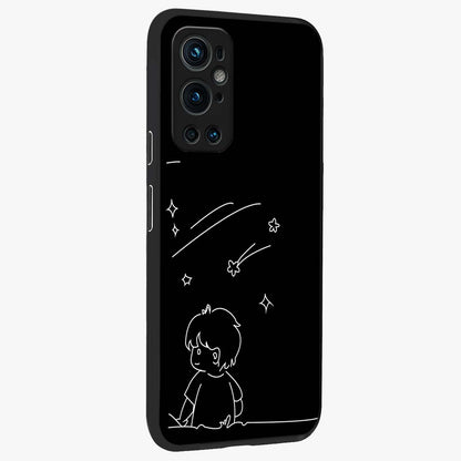 Line Art Boy With Shooting Stars Glass Case upright view showcasing artistic shooting star illustration with minimal style.