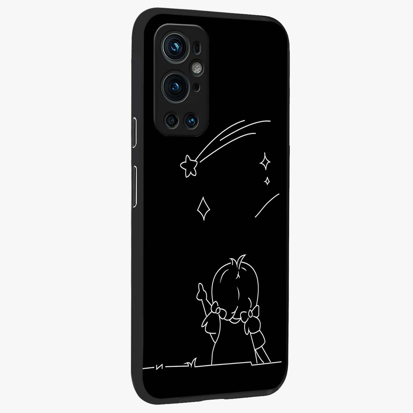 Line Art Girl With Shooting Stars Glass Case upright view showcasing delicate shooting stars artwork with minimal artistic theme.