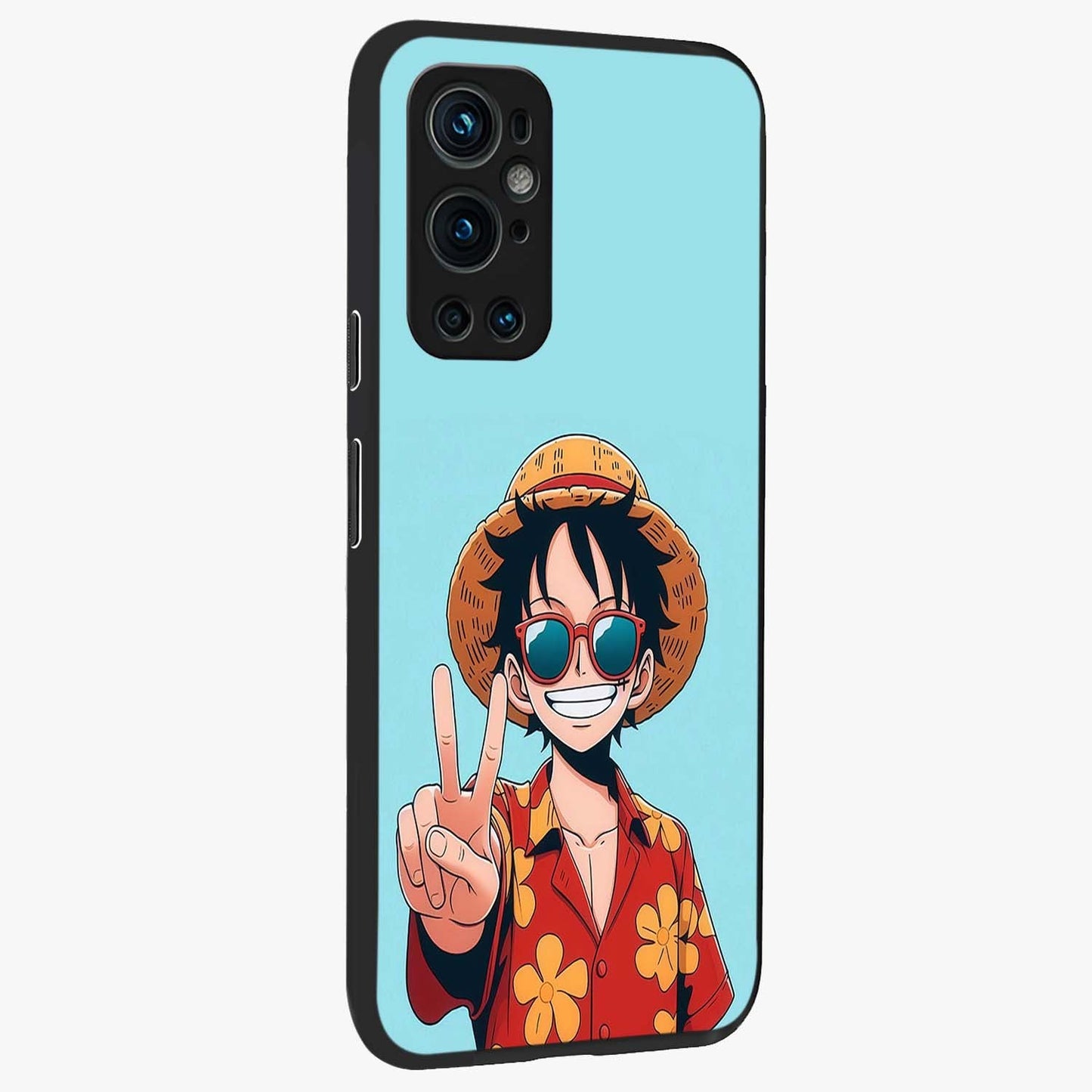 Luffy Summer Anime Vibe Glass Case upright view showcasing dynamic anime artwork with bright adventurous theme.