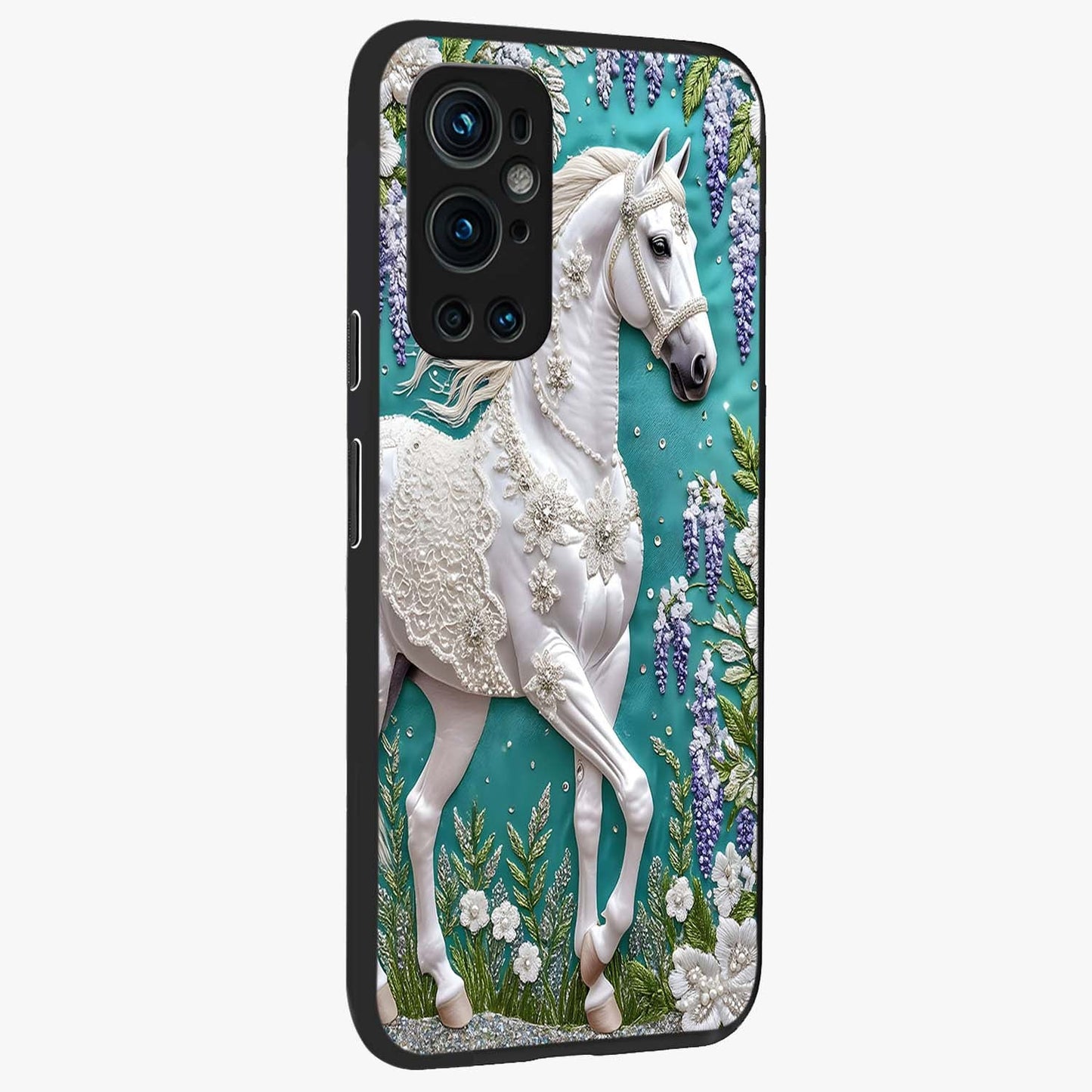 Majestic Floral Stallion Glass Case upright view showcasing dramatic horse artwork with decorative floral theme.