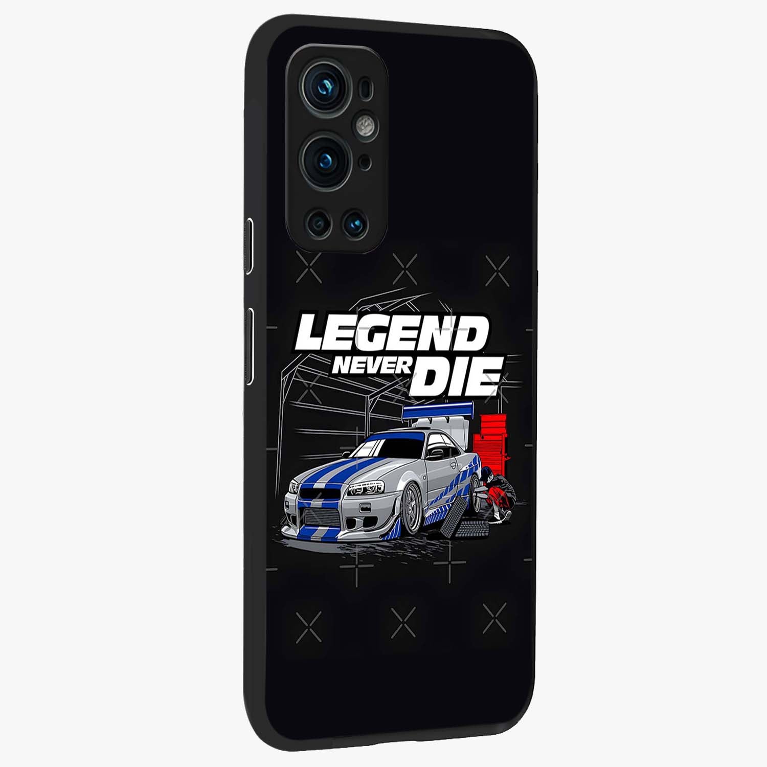 Midnight Racing Legacy Glass Case upright view showcasing powerful racing artwork with modern sports theme.